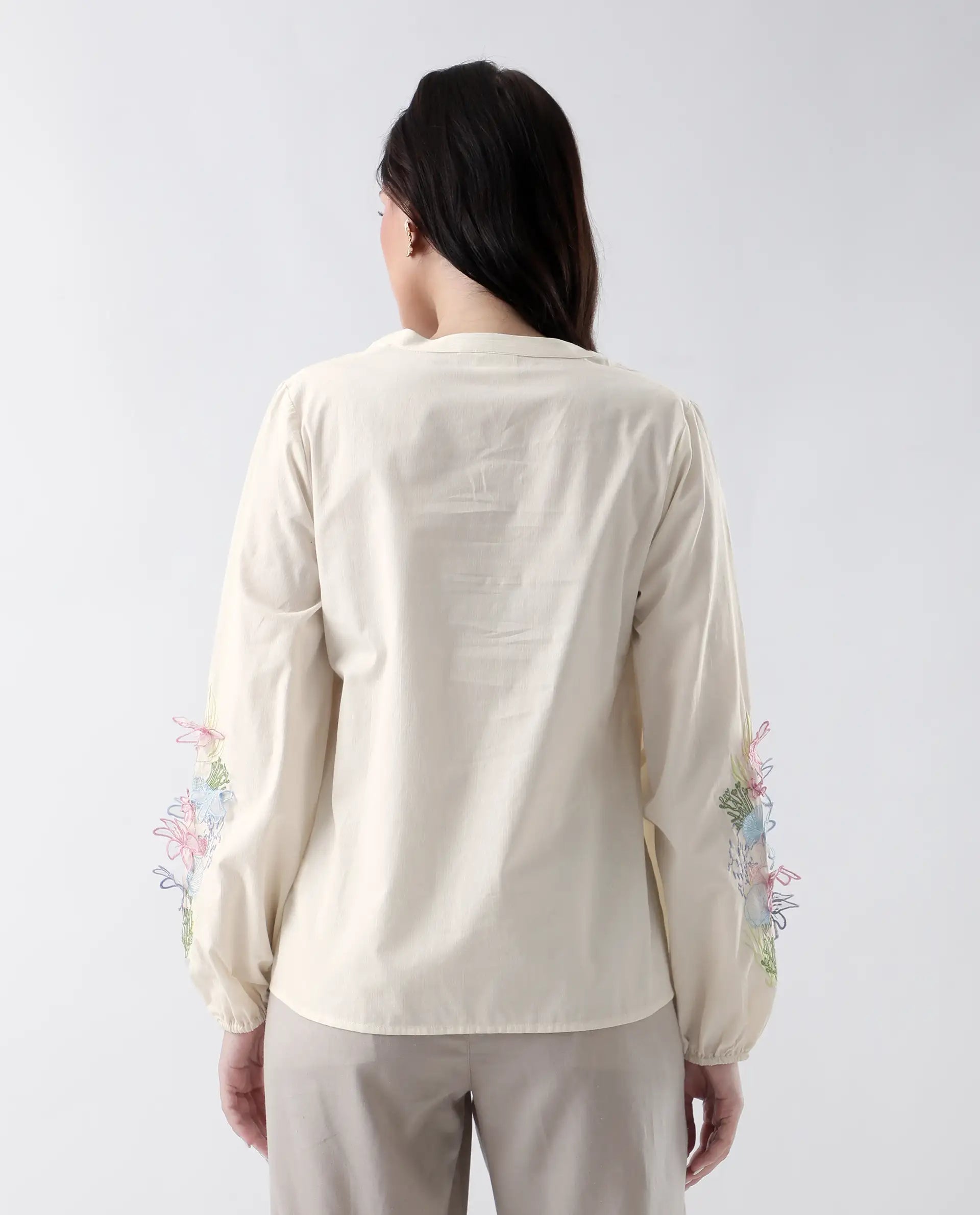 Rareism Women's Prenta-T Beige Cotton Tie-Up Neck Striped Regular Fit Top