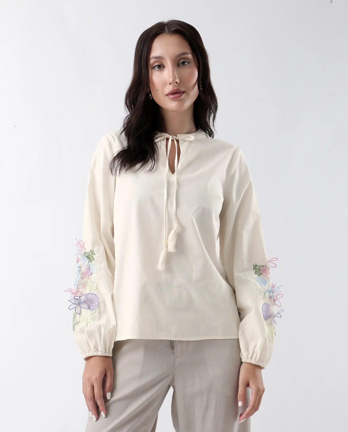 Rareism Women's Prenta-T Beige Cotton Tie-Up Neck Striped Regular Fit Top