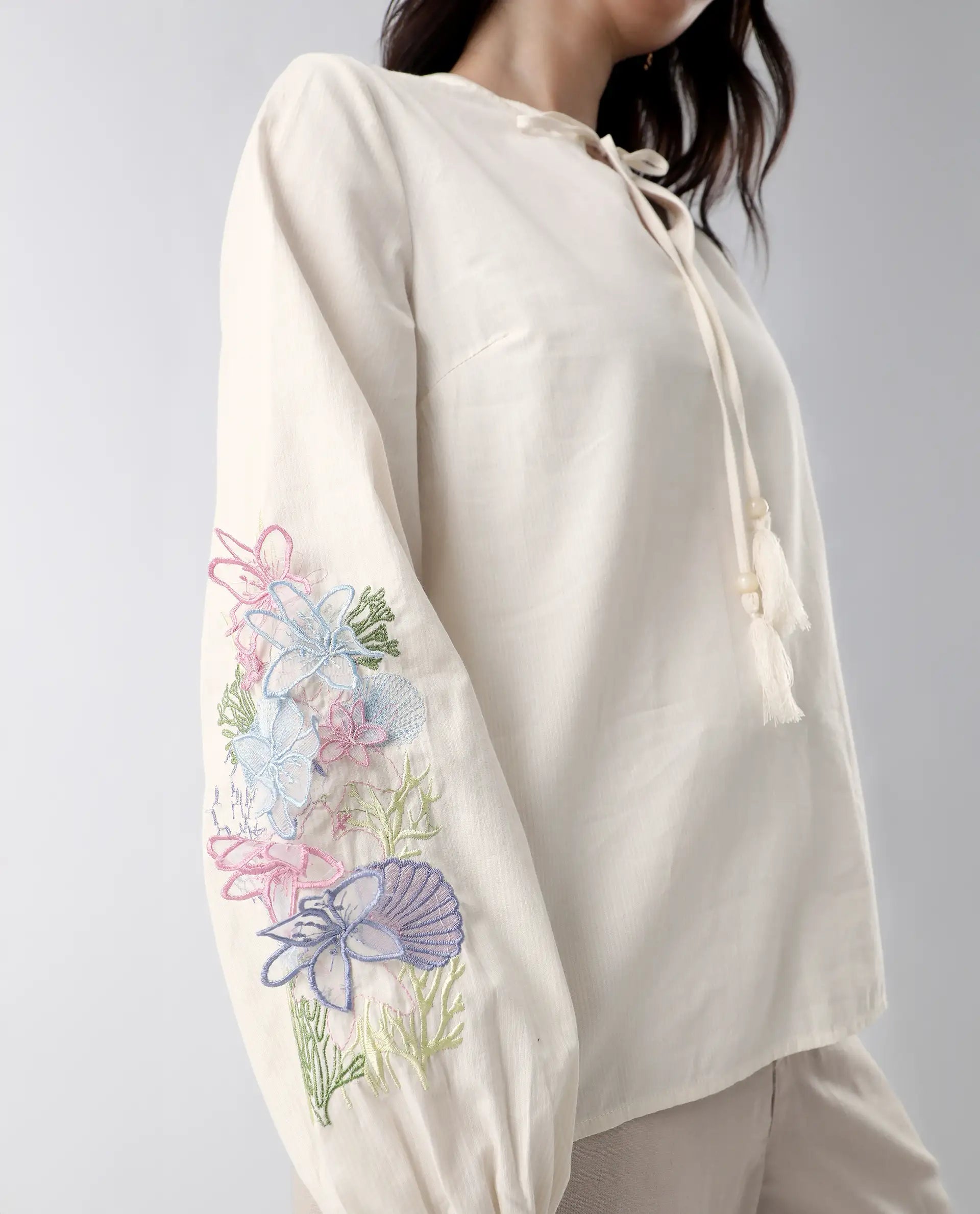 Rareism Women's Prenta-T Beige Cotton Tie-Up Neck Striped Regular Fit Top