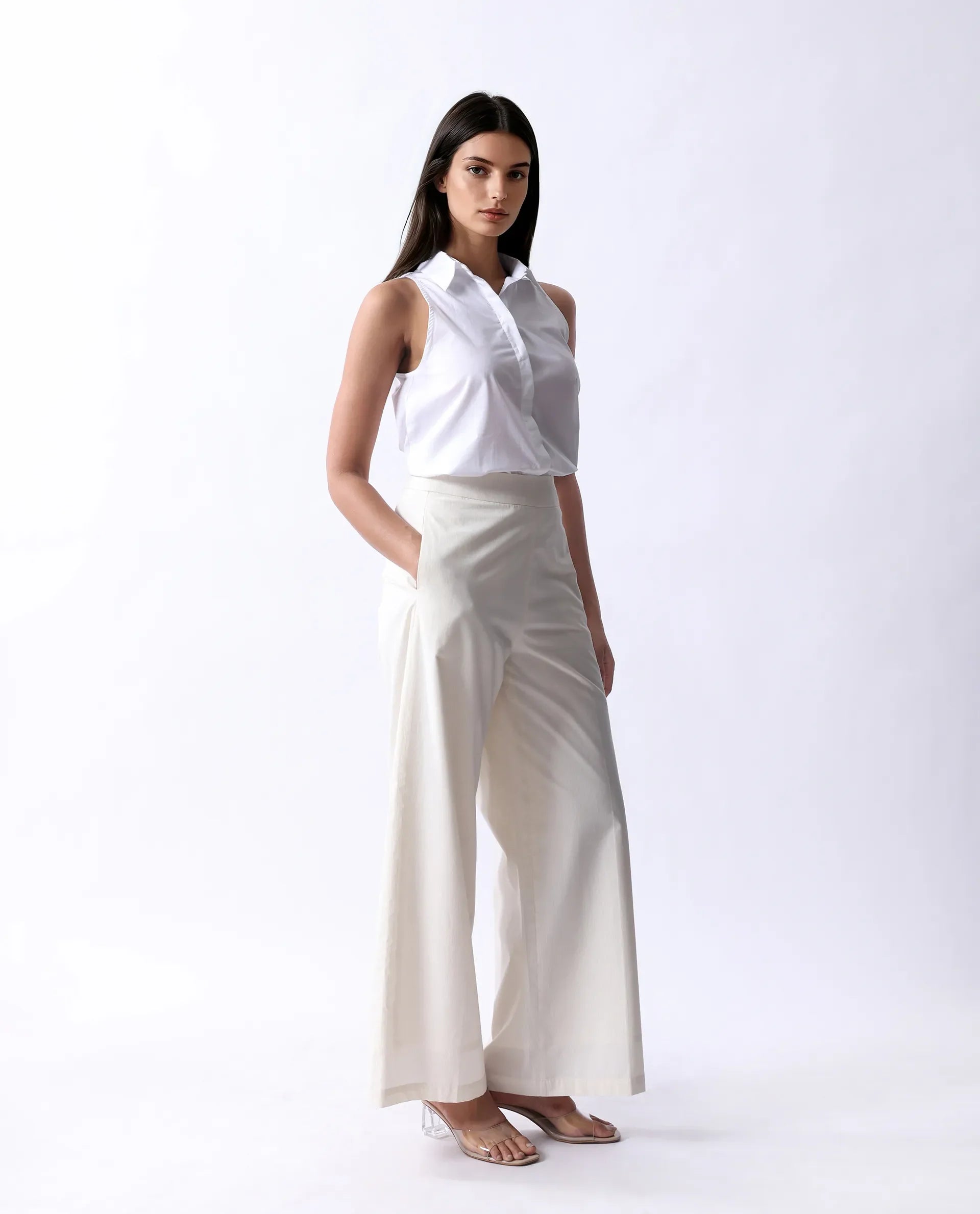 Rareism Women's Prenta B Beige Cotton Striped Ankle Length Straight Fit Trouser