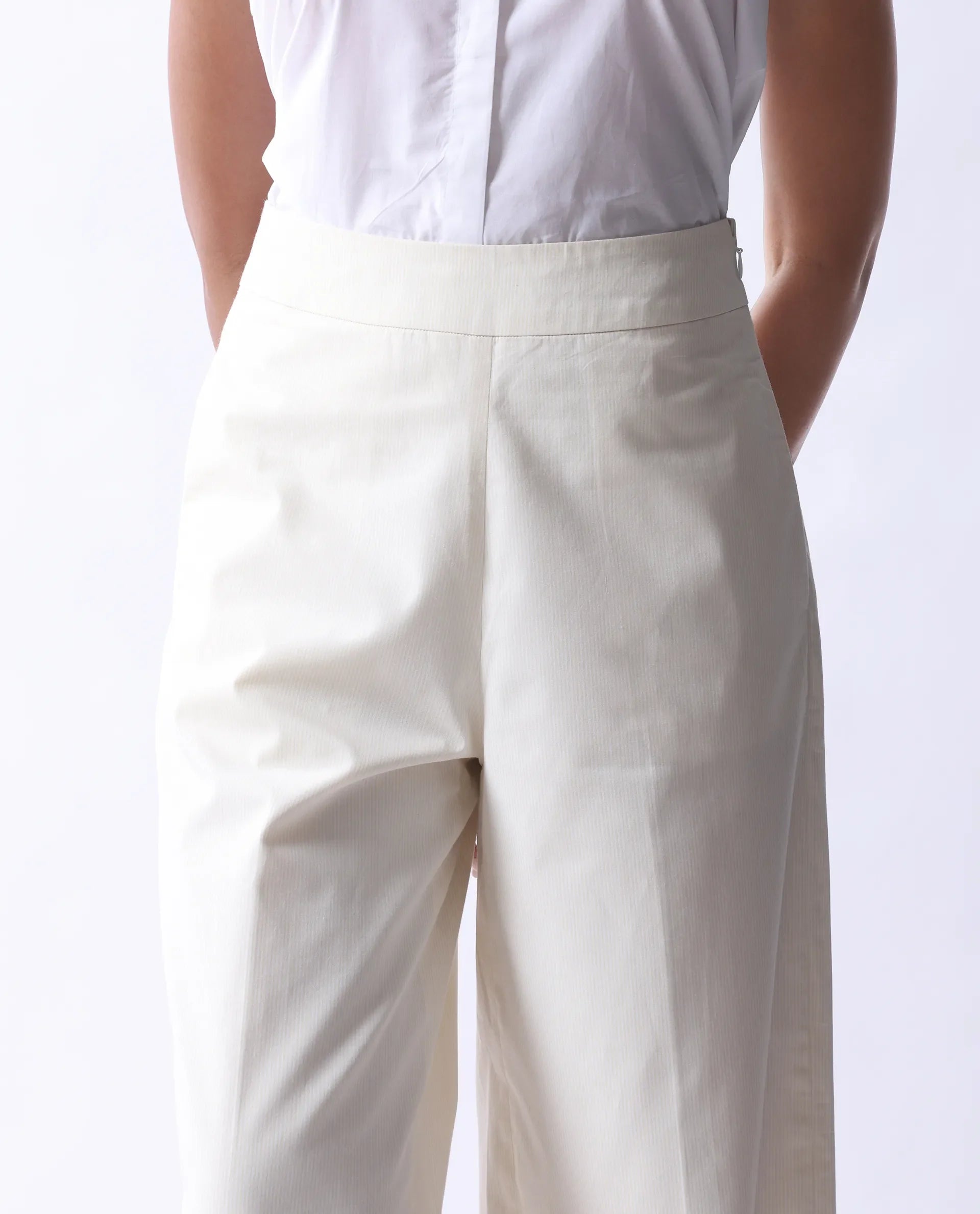 Rareism Women's Prenta B Beige Cotton Striped Ankle Length Straight Fit Trouser