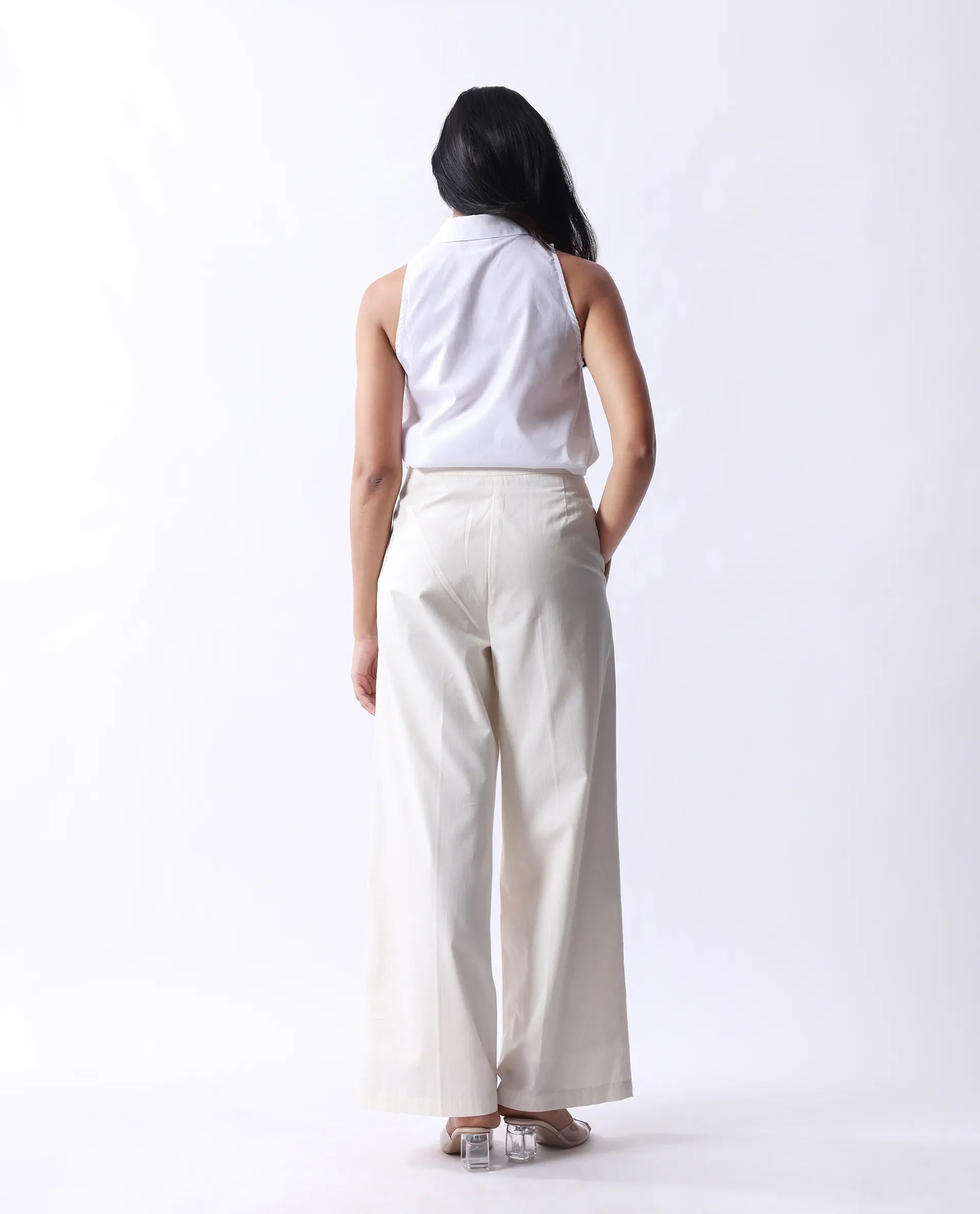 Rareism Women's Prenta B Beige Cotton Striped Ankle Length Straight Fit Trouser