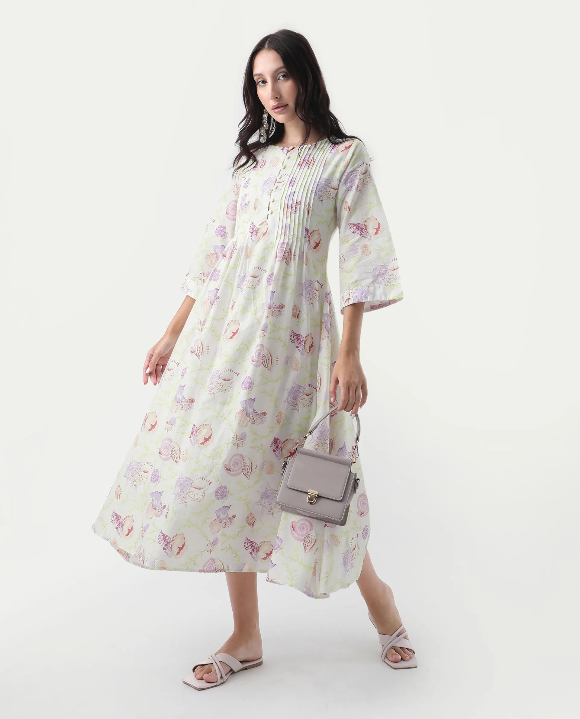 Rareism Women's Preo Multi Cotton Round Neck Abstract Print Bell Sleeve Midi Flared Dress