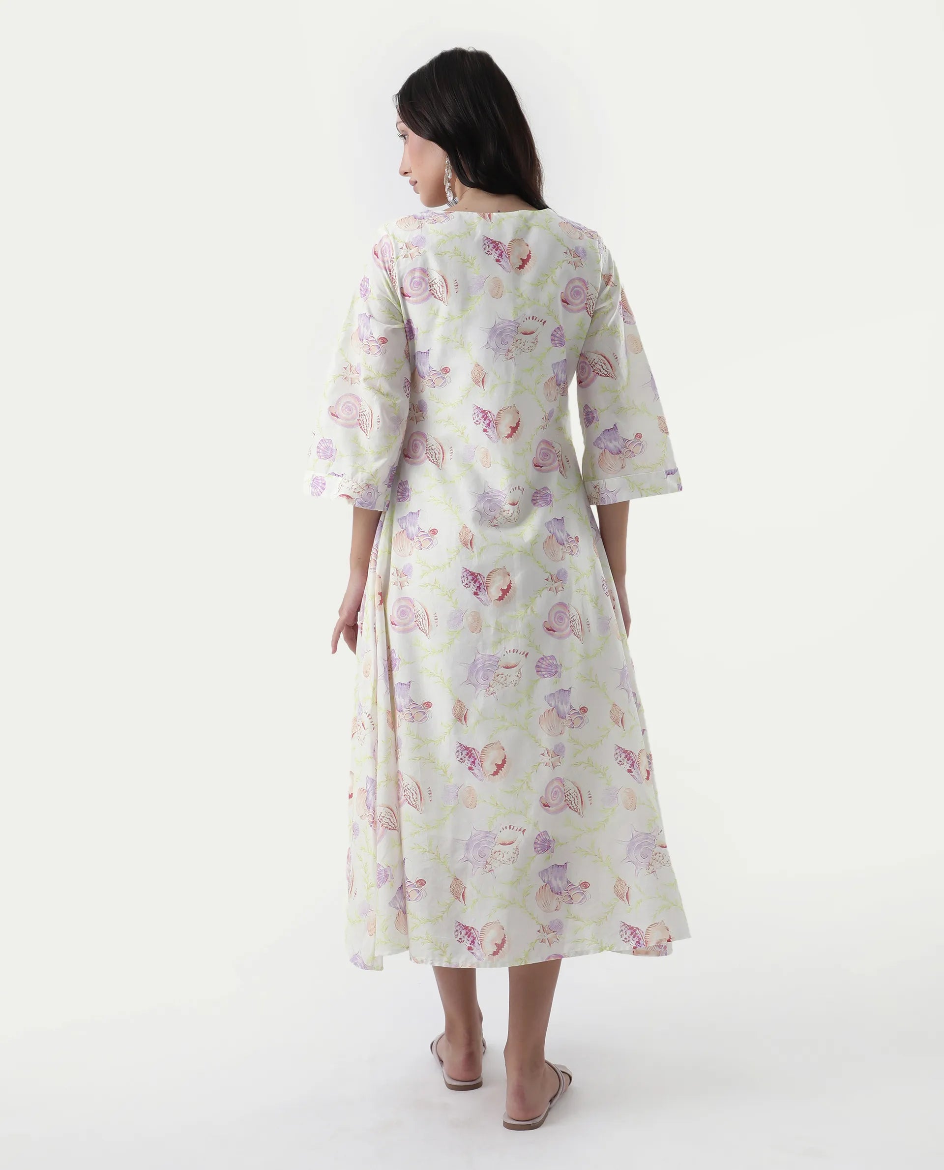 Rareism Women's Preo Multi Cotton Round Neck Abstract Print Bell Sleeve Midi Flared Dress