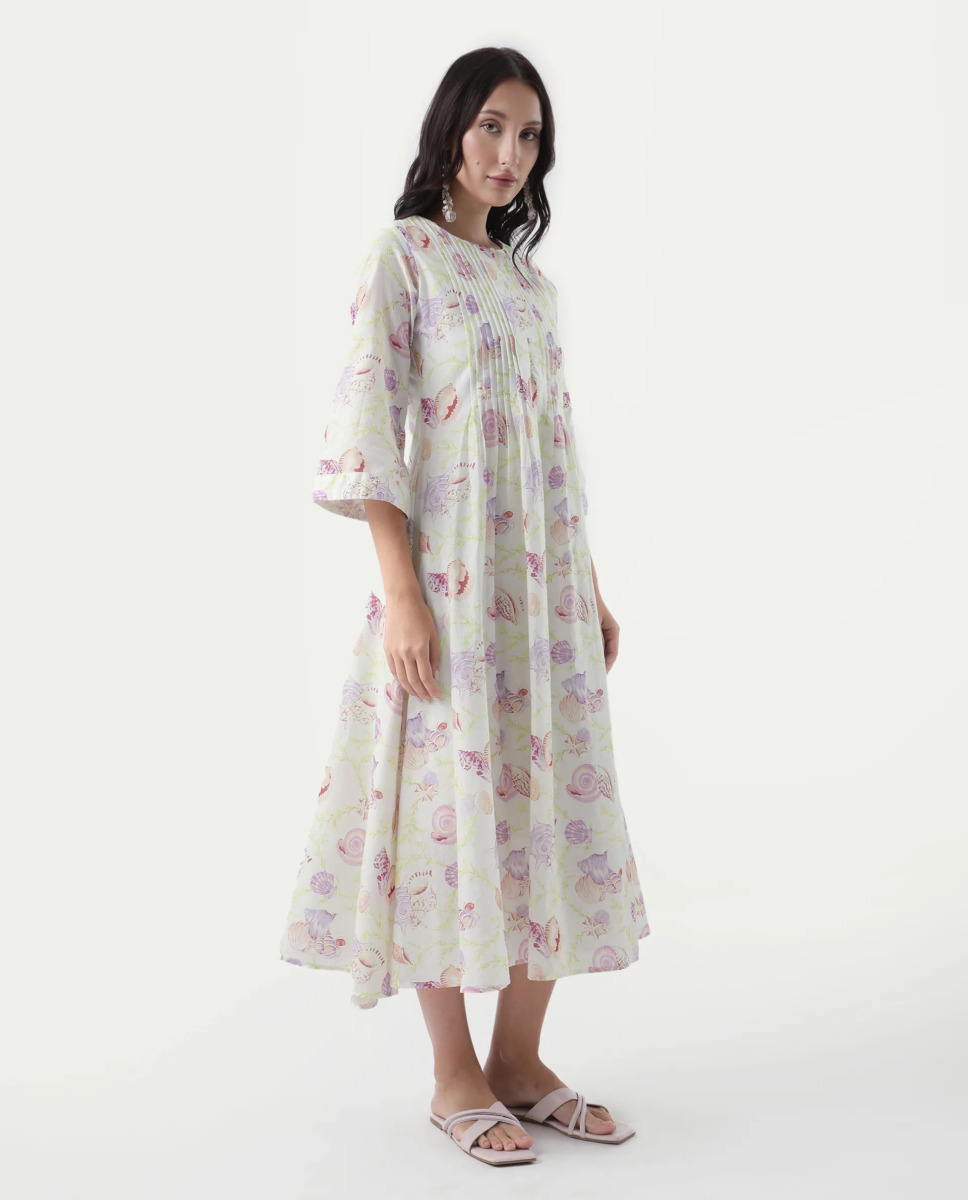 Rareism Women's Preo Multi Cotton Round Neck Abstract Print Bell Sleeve Midi Flared Dress