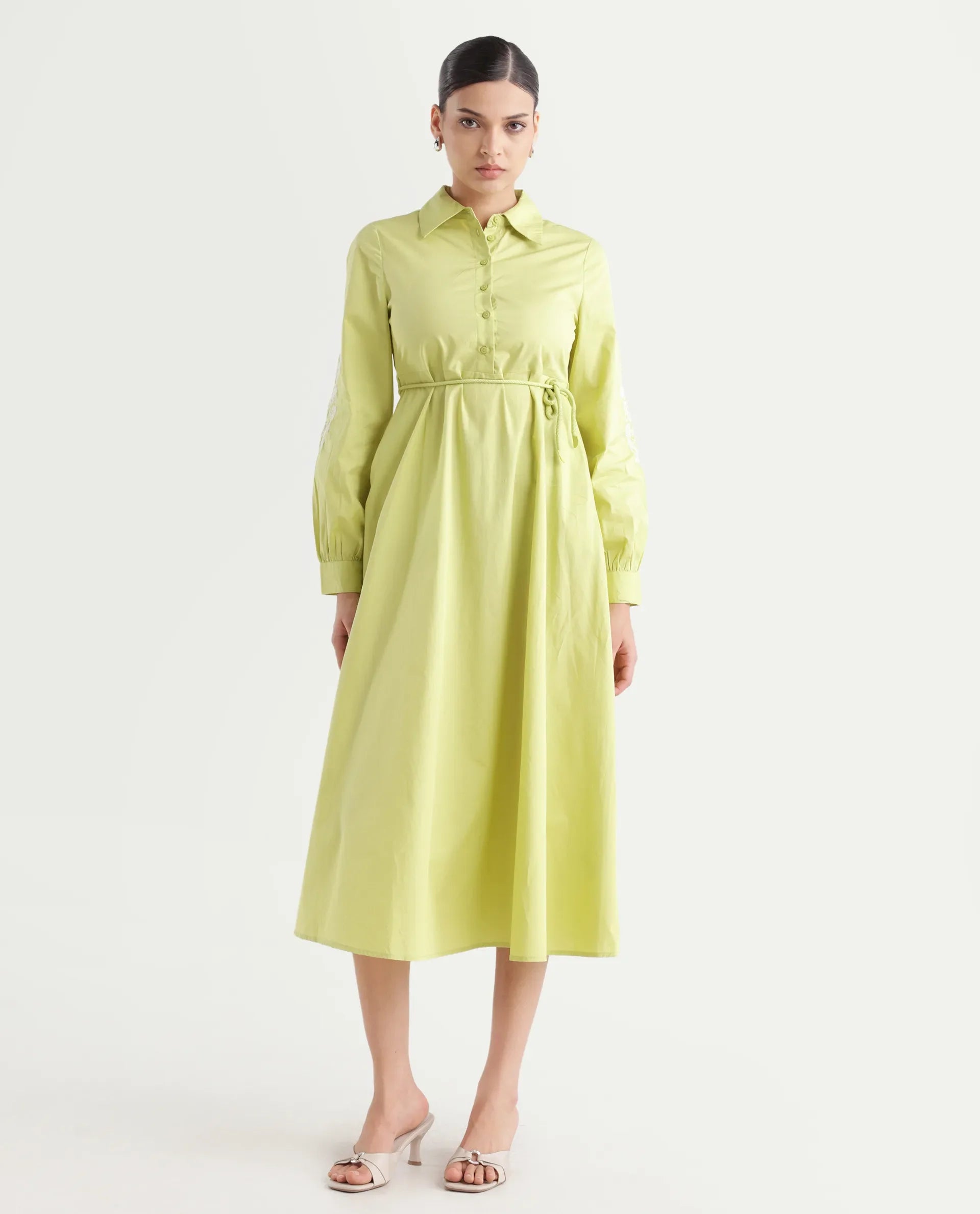Rareism Women's Prep Green Cotton Spread Collar Plain Balloon Sleeve Midi Fit And Flare Dress