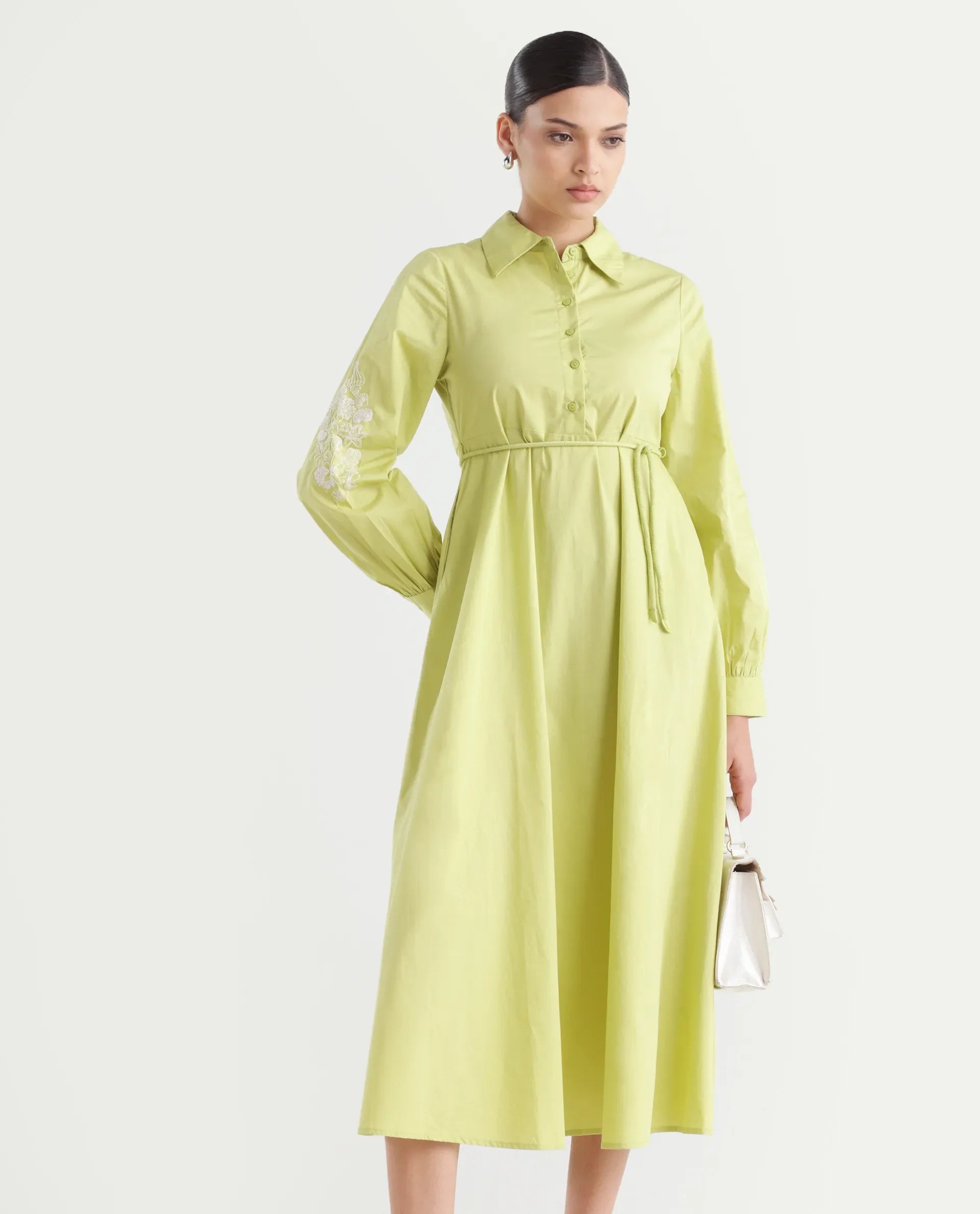 Rareism Women's Prep Green Cotton Spread Collar Plain Balloon Sleeve Midi Fit And Flare Dress