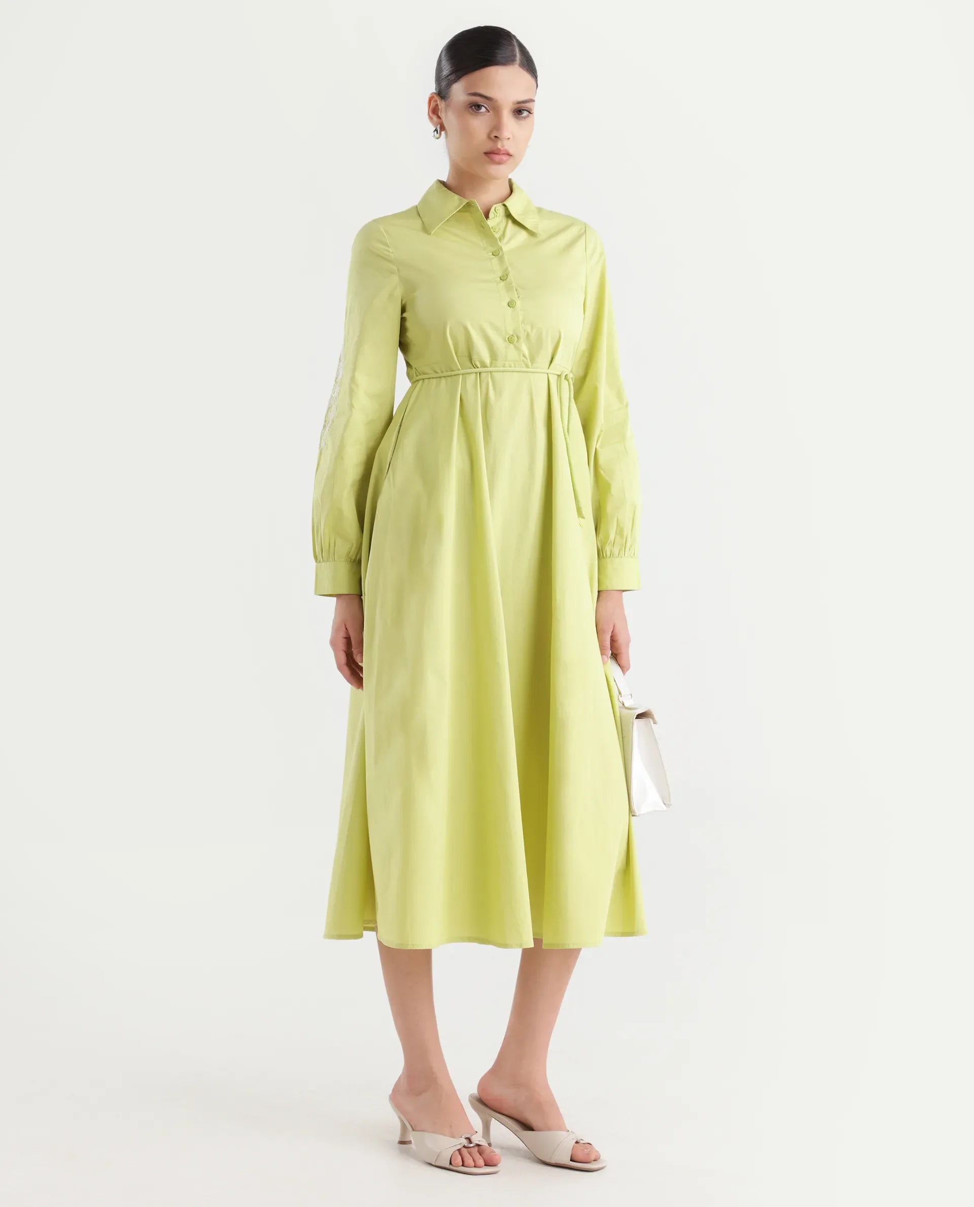 Rareism Women's Prep Green Cotton Spread Collar Plain Balloon Sleeve Midi Fit And Flare Dress