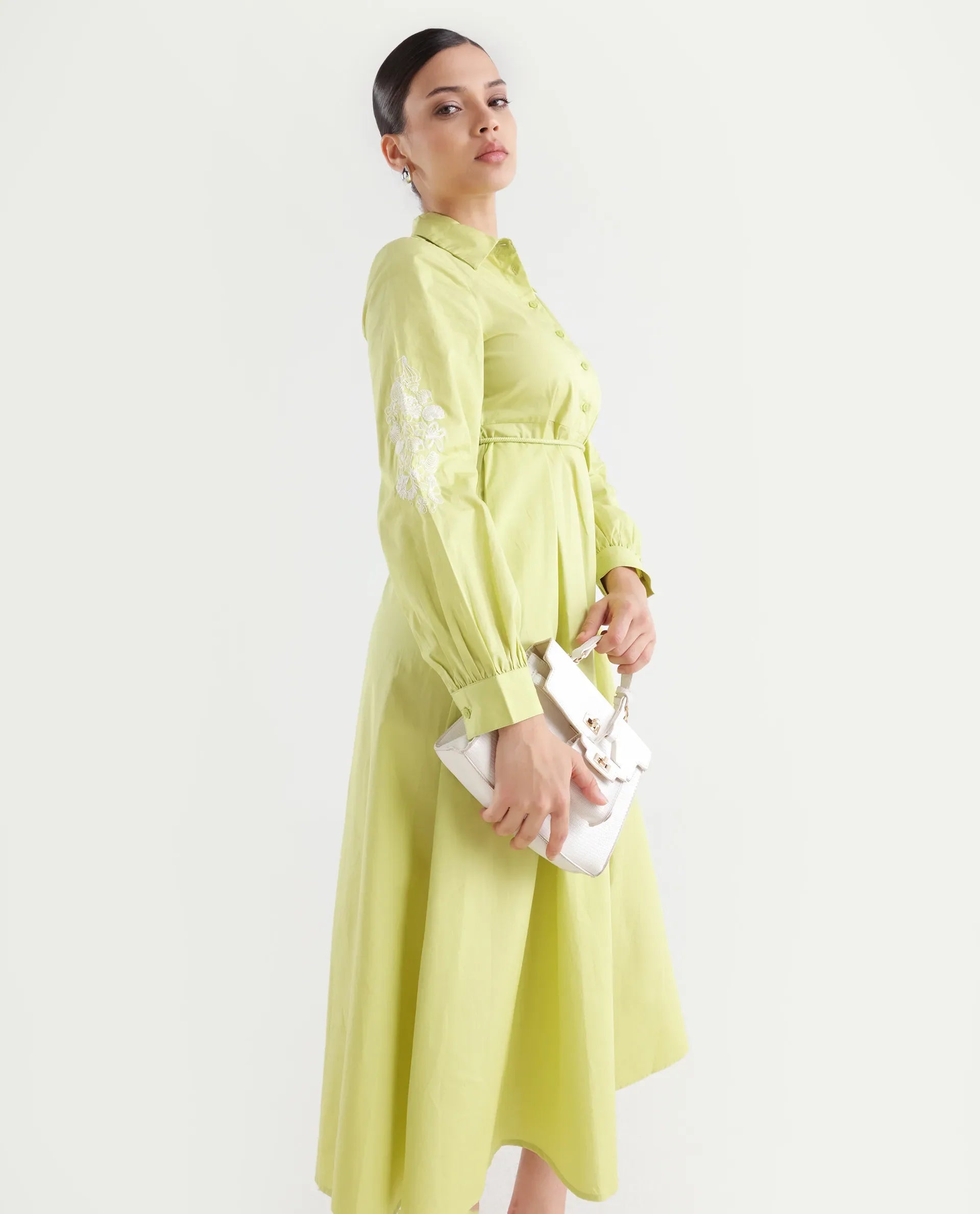 Rareism Women's Prep Green Cotton Spread Collar Plain Balloon Sleeve Midi Fit And Flare Dress