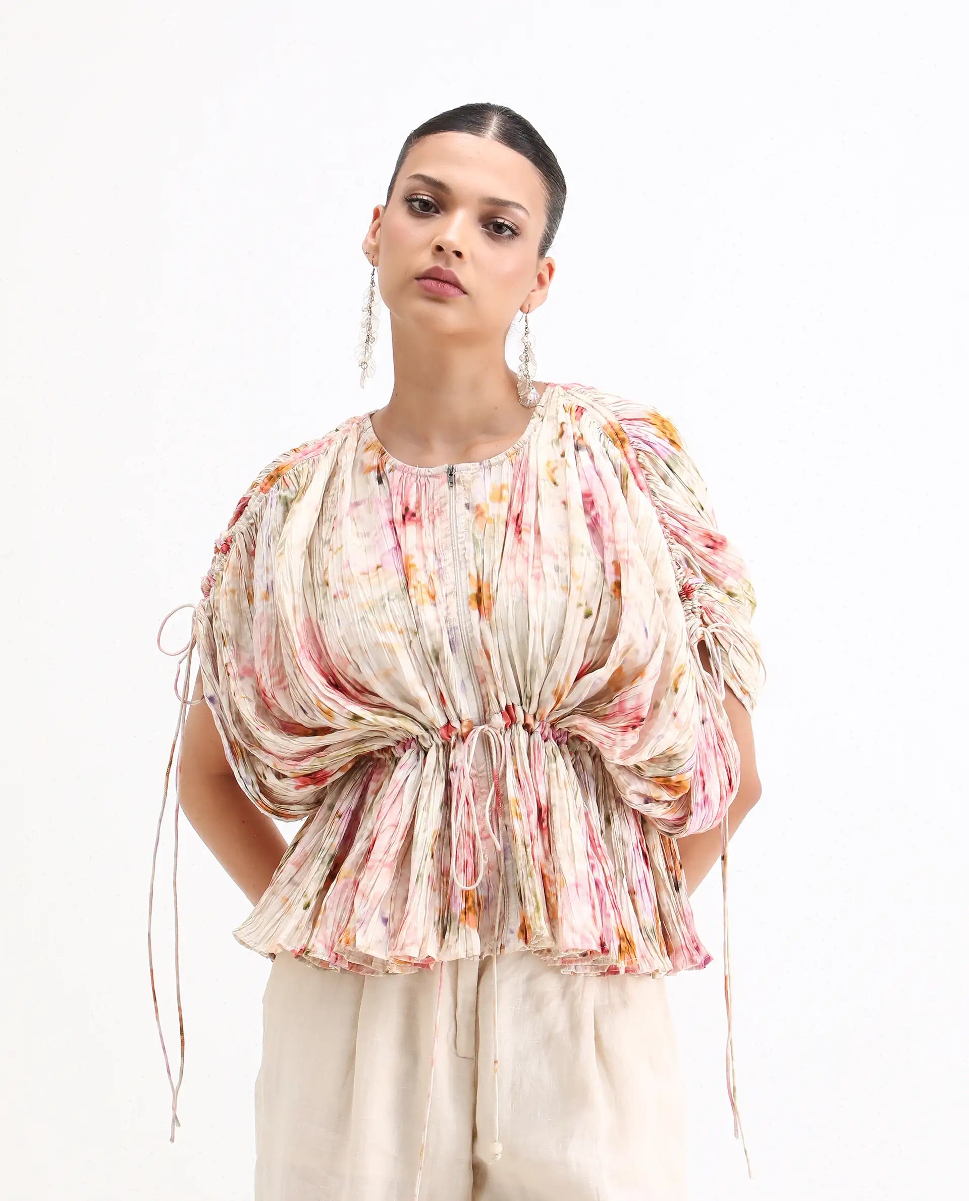 Rareism Women's Prepo Multi Viscose Round Neck Floral Print Kimono Sleeve Relaxed Fit Top