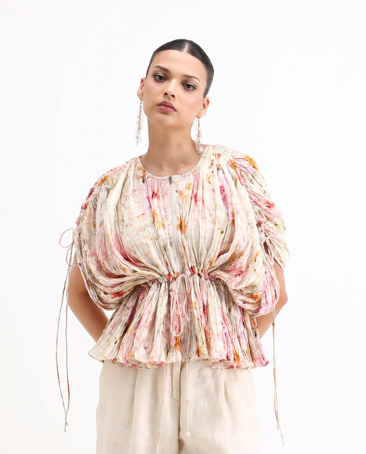 Rareism Women's Prepo Multi Viscose Round Neck Floral Print Kimono Sleeve Relaxed Fit Top