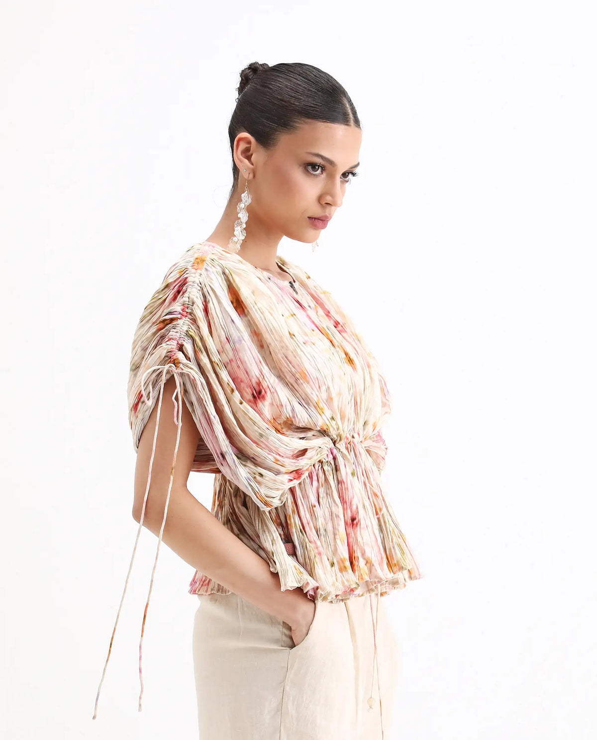 Rareism Women's Prepo Multi Viscose Round Neck Floral Print Kimono Sleeve Relaxed Fit Top