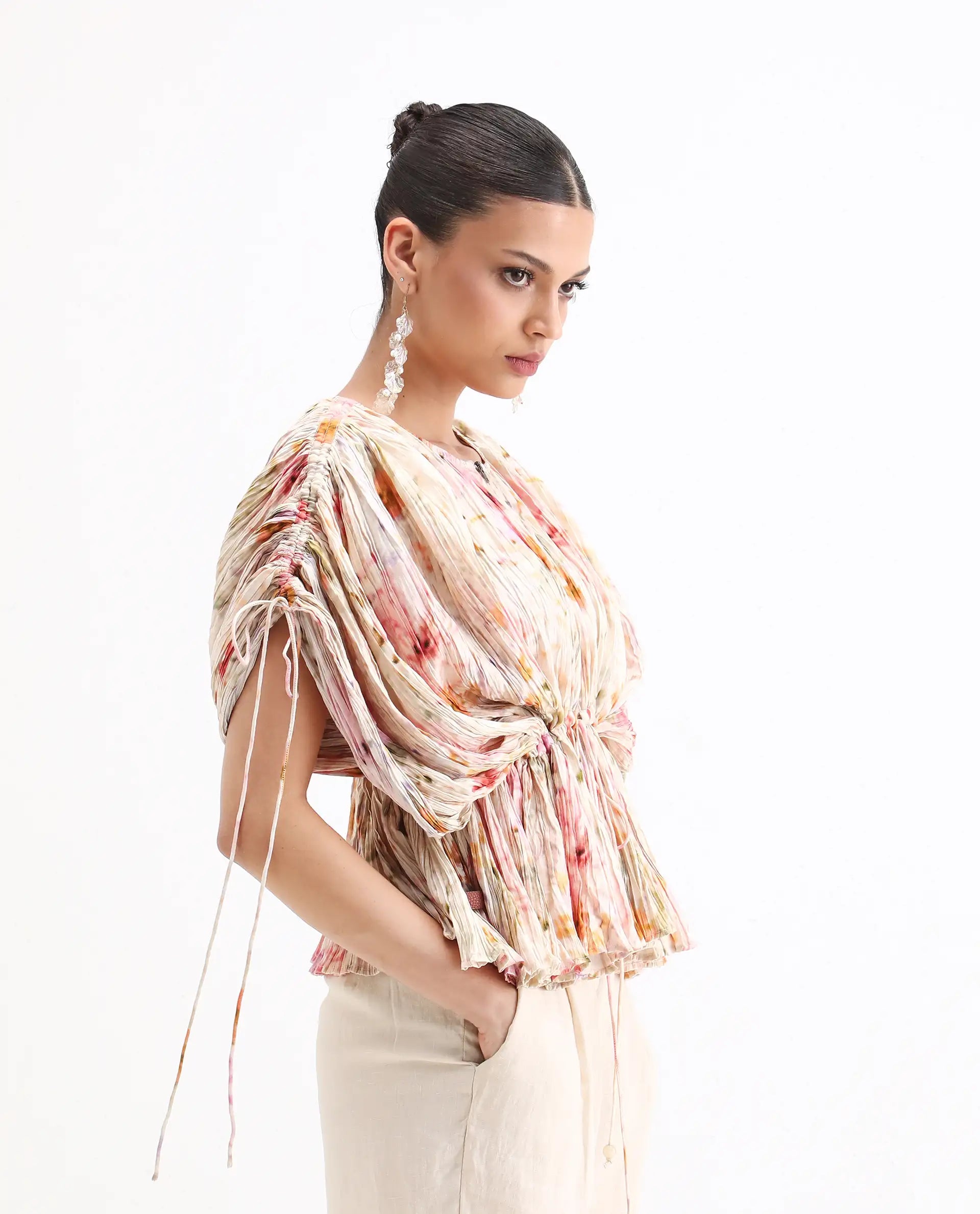 Rareism Women's Prepo Multi Viscose Round Neck Floral Print Kimono Sleeve Relaxed Fit Top