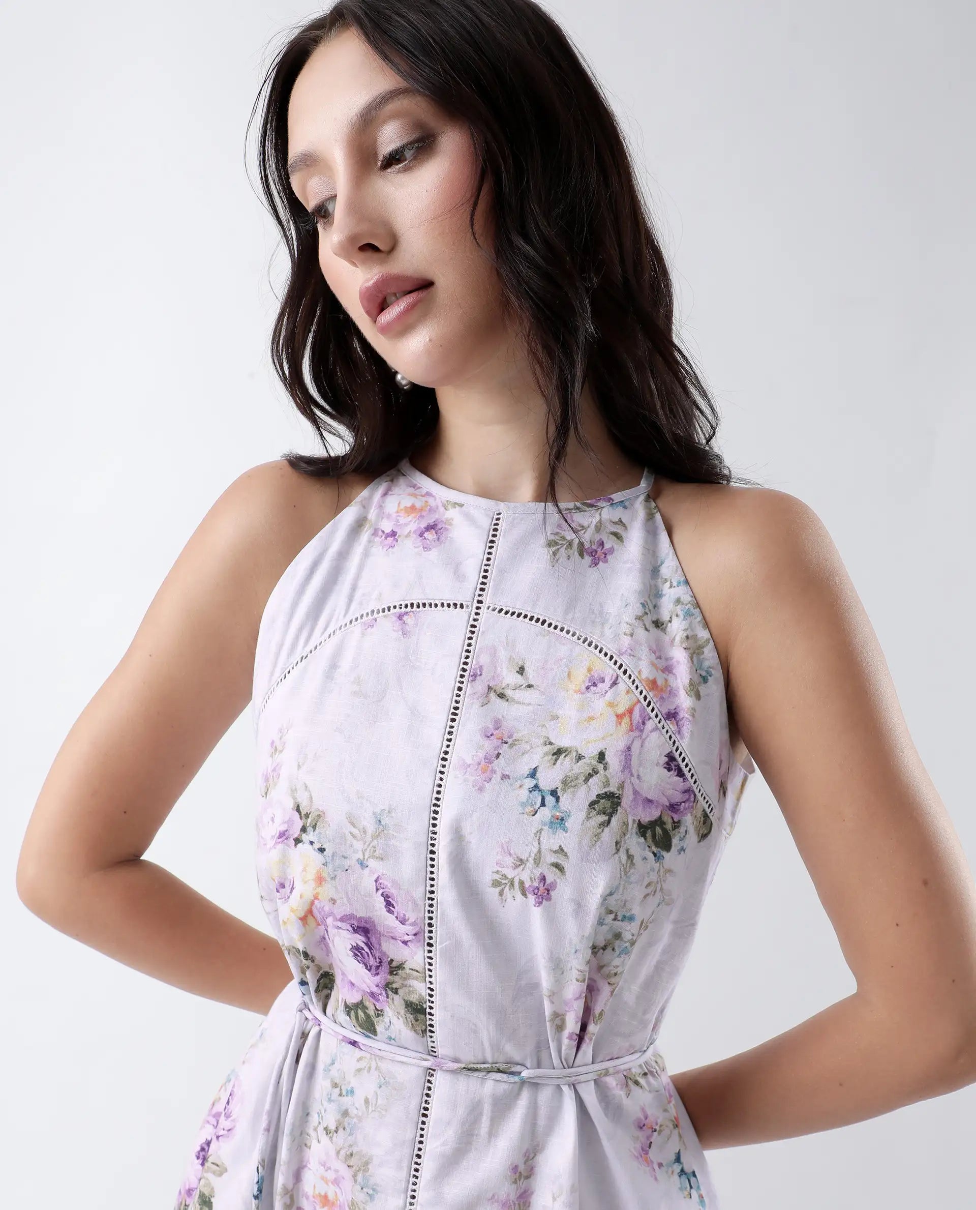 Rareism Women's Preru Purple Cotton Halter Neck Floral Print Sleeveless Maxi Flared Dress