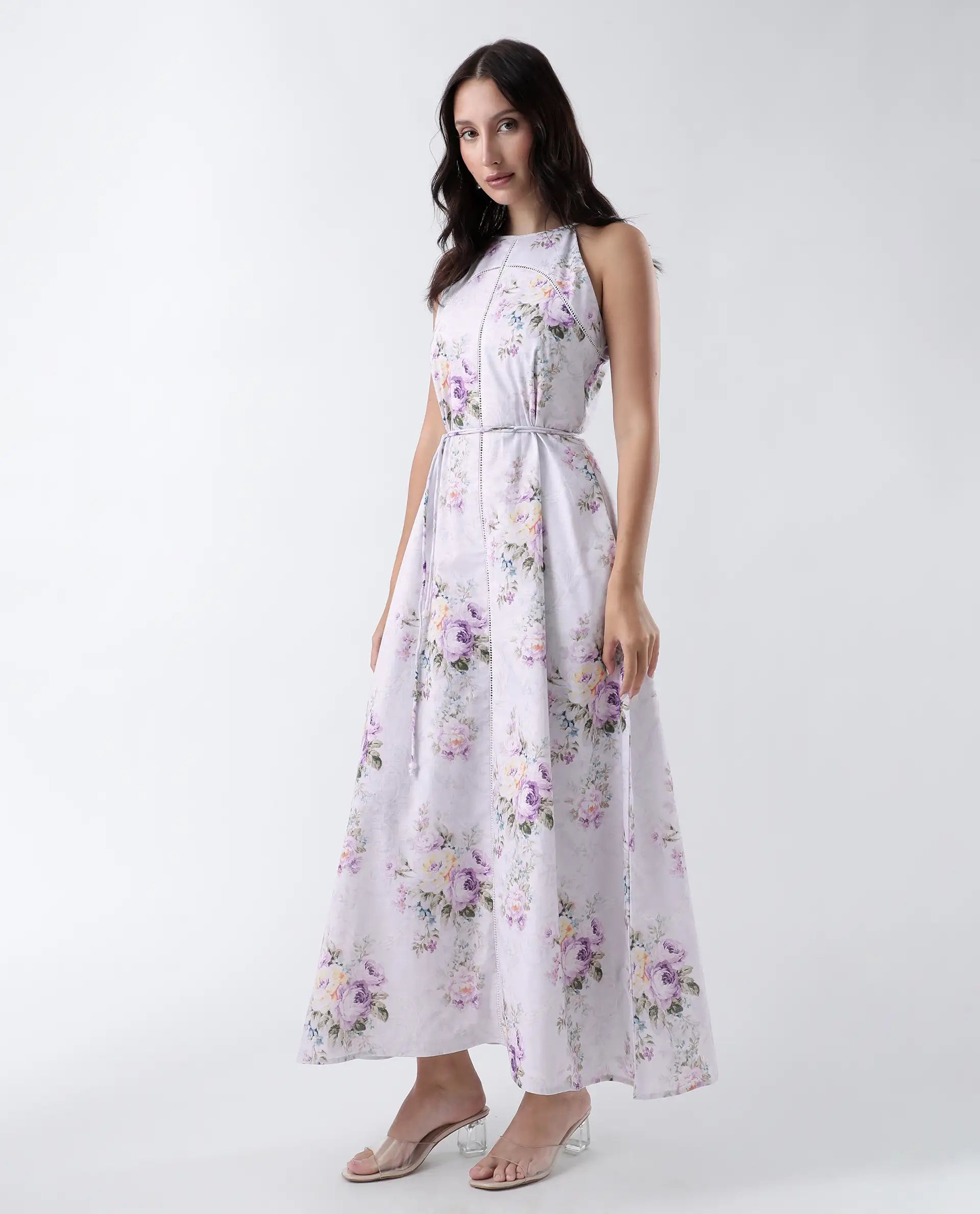 Rareism Women's Preru Purple Cotton Halter Neck Floral Print Sleeveless Maxi Flared Dress