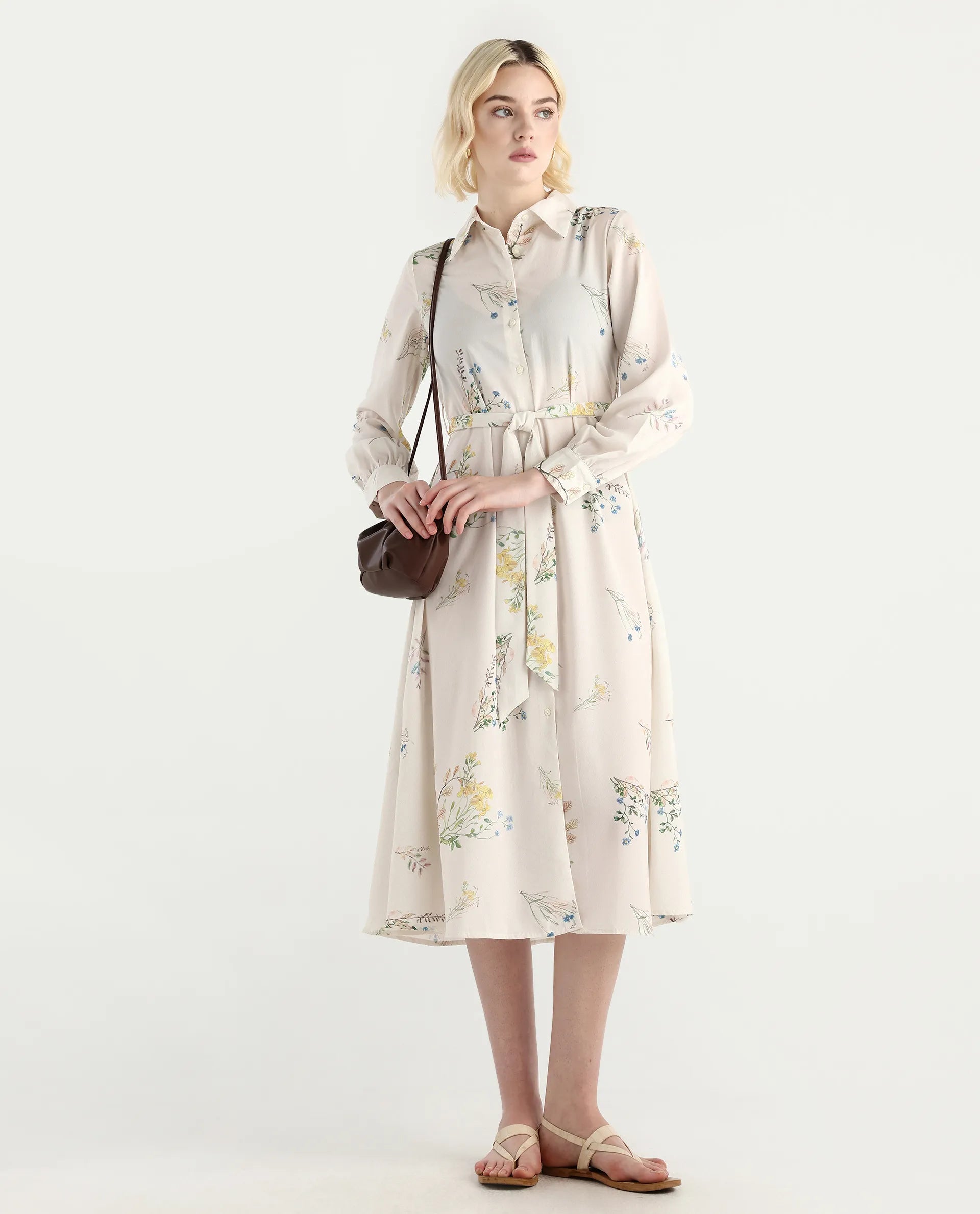 Rareism Women's Presho Multi Polyester Overlap Neck Floral Print Bishop Sleeve Maxi Fit And Flare Dress