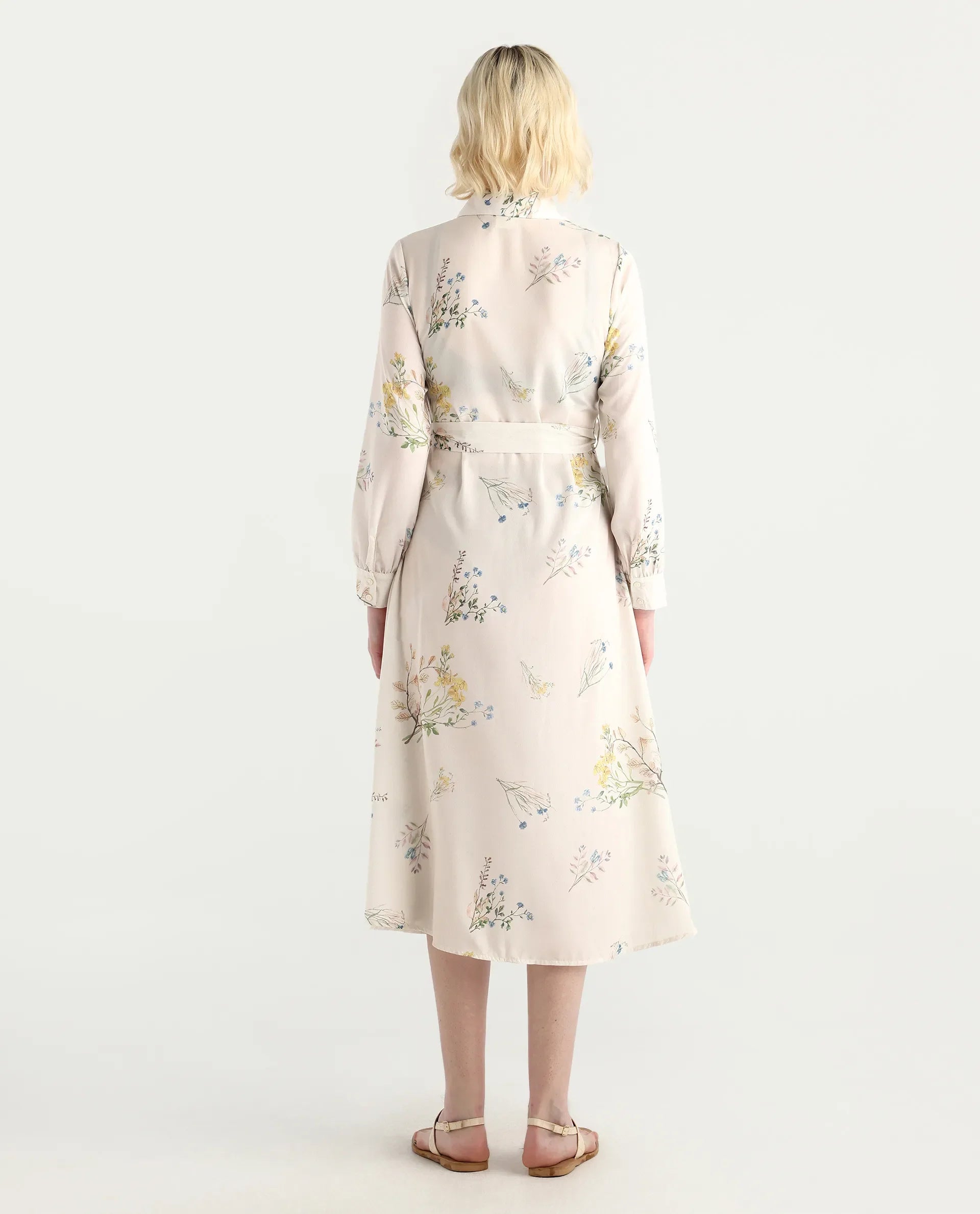 Rareism Women's Presho Multi Polyester Overlap Neck Floral Print Bishop Sleeve Maxi Fit And Flare Dress