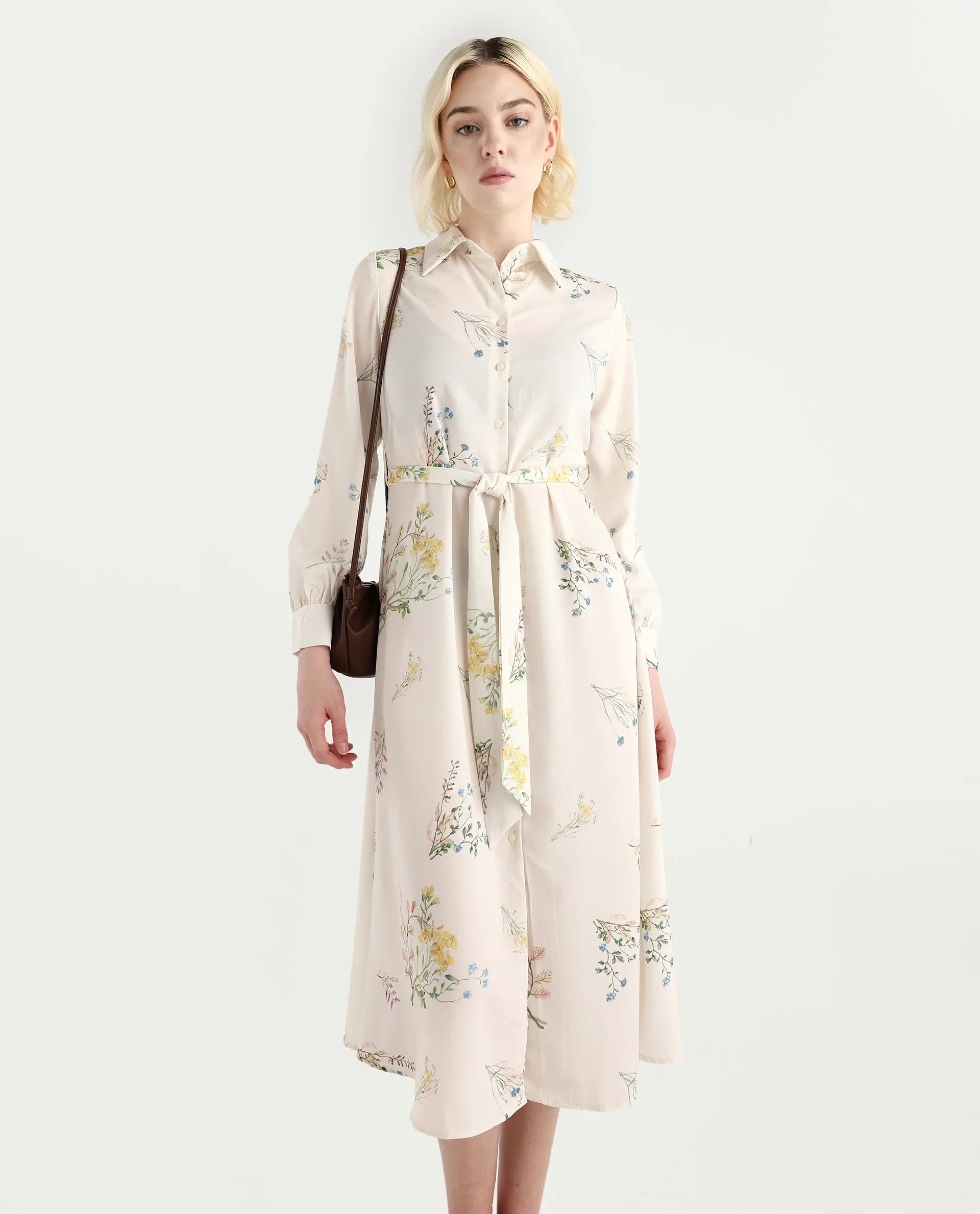 Rareism Women's Presho Multi Polyester Overlap Neck Floral Print Bishop Sleeve Maxi Fit And Flare Dress