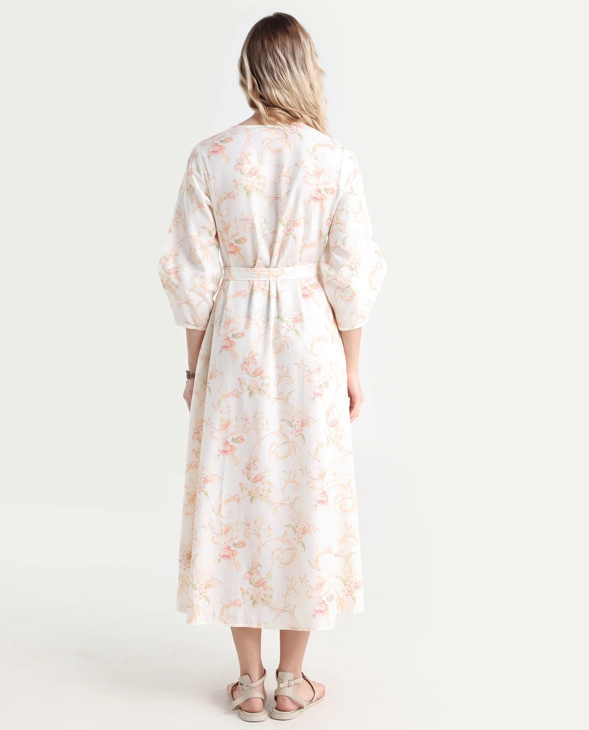 Rareism Women's Preu White Cotton V-Neck Floral Print Balloon Sleeve Midi Straight Fit Dress