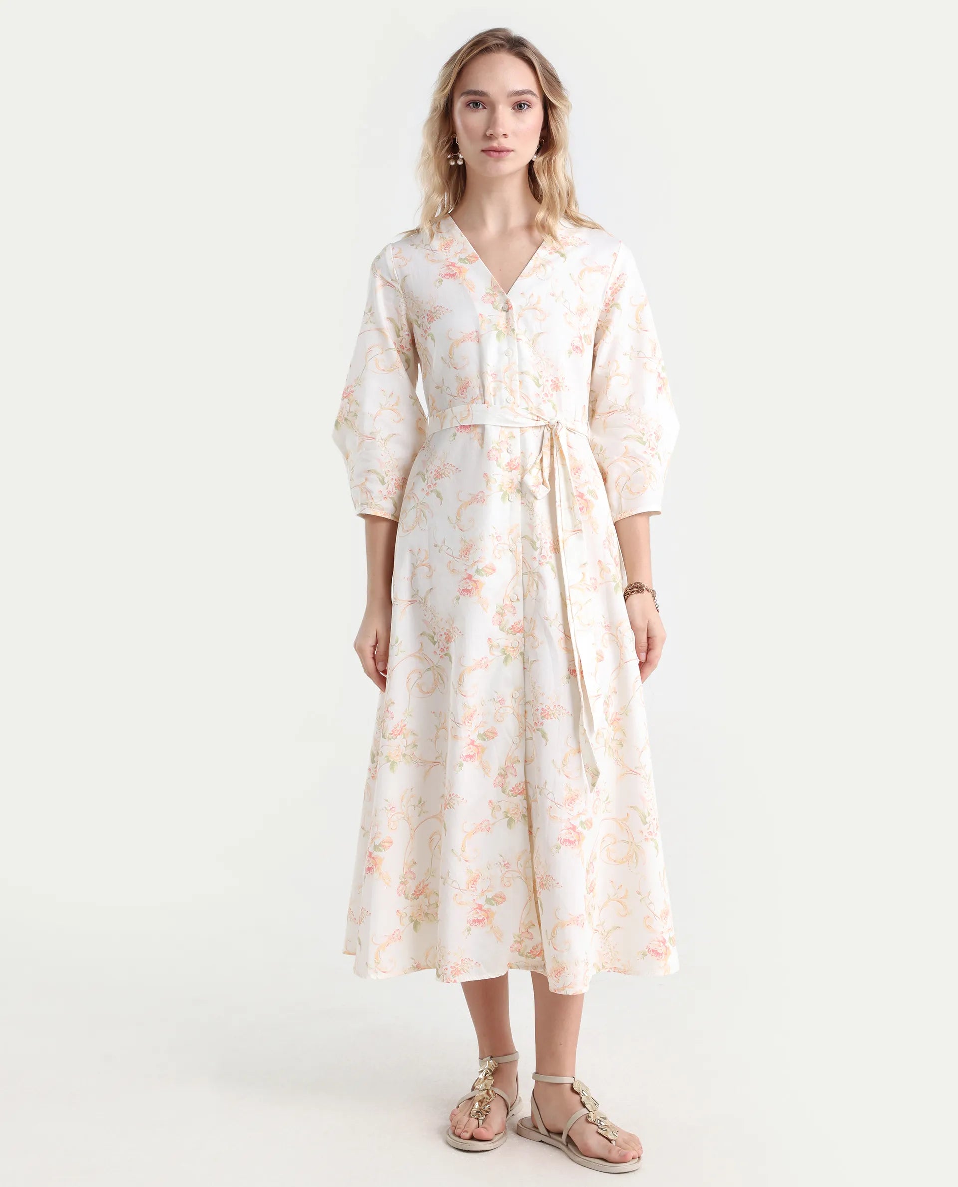 Rareism Women's Preu White Cotton V-Neck Floral Print Balloon Sleeve Midi Straight Fit Dress