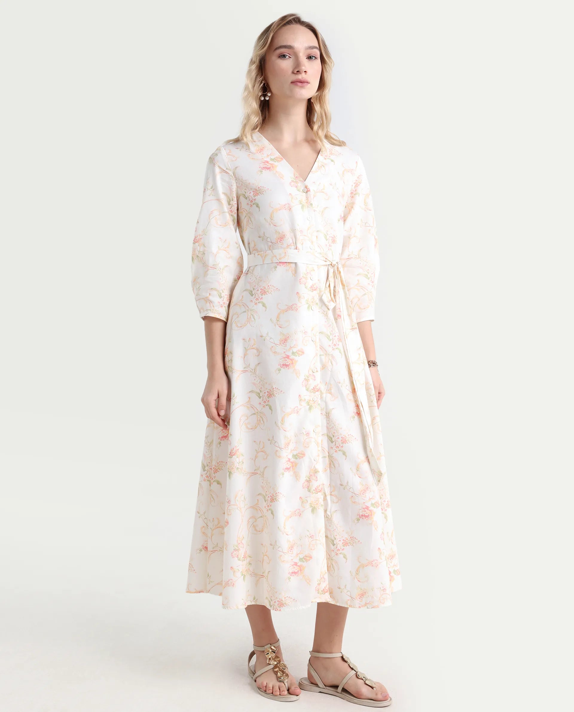 Rareism Women's Preu White Cotton V-Neck Floral Print Balloon Sleeve Midi Straight Fit Dress