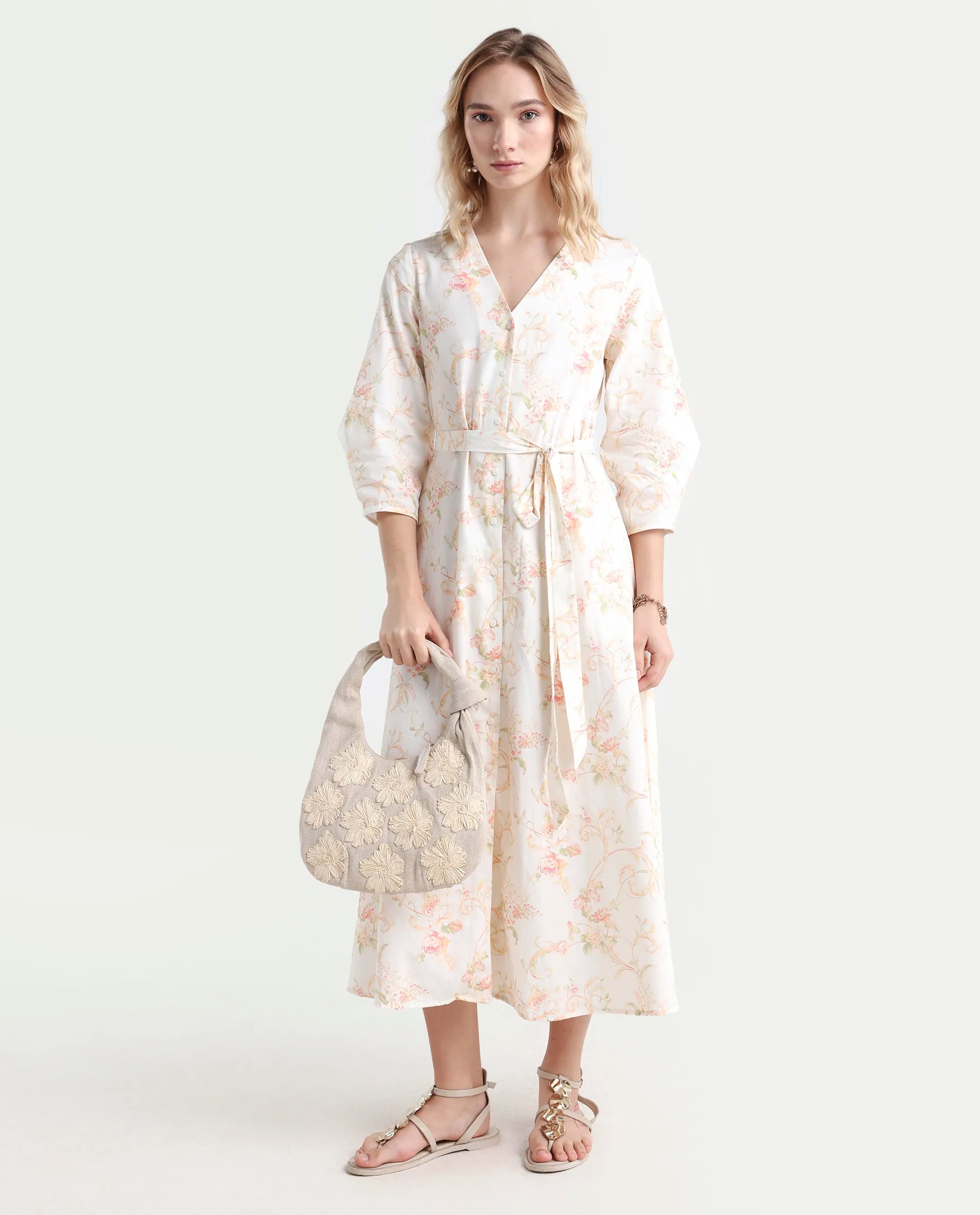 Rareism Women's Preu White Cotton V-Neck Floral Print Balloon Sleeve Midi Straight Fit Dress