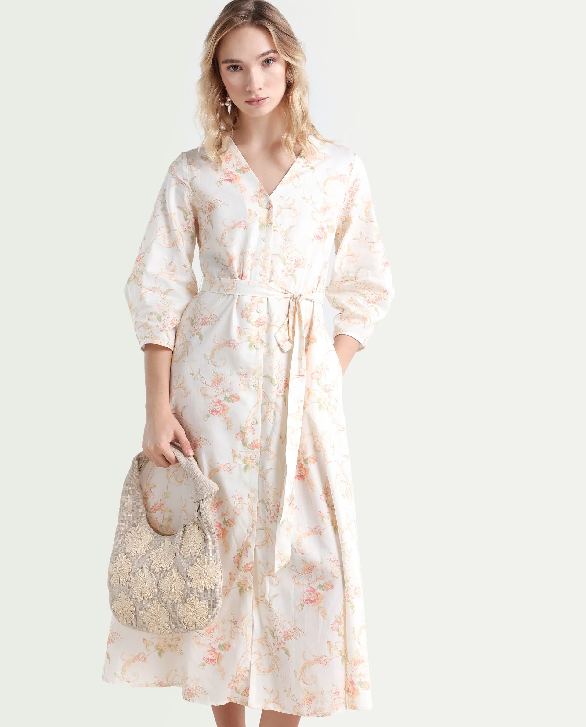 Rareism Women's Preu White Cotton V-Neck Floral Print Balloon Sleeve Midi Straight Fit Dress