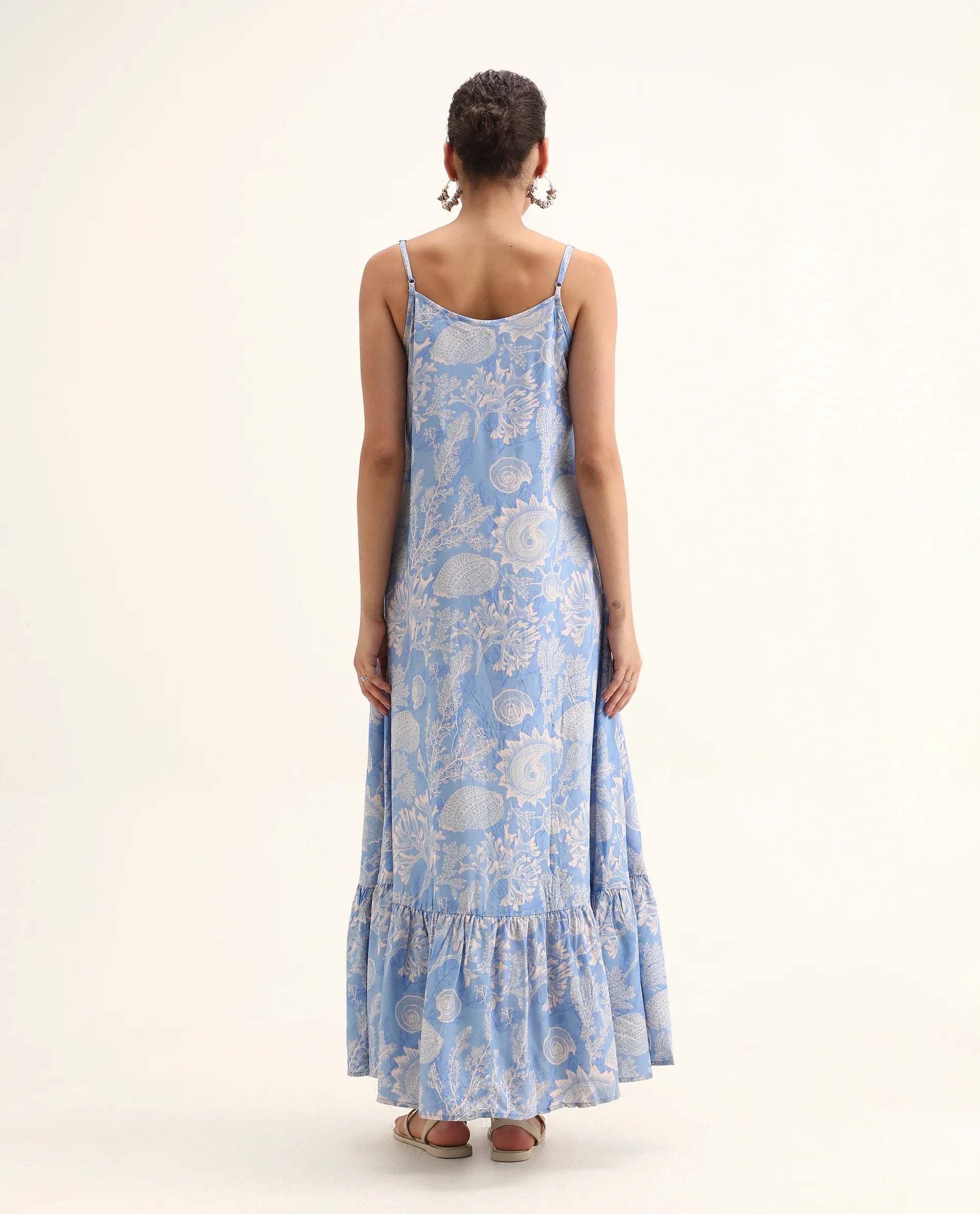 Rareism Women's Prevus Blue Viscose Shoulder Strap Abstract Print Sleeveless Maxi Flared Dress