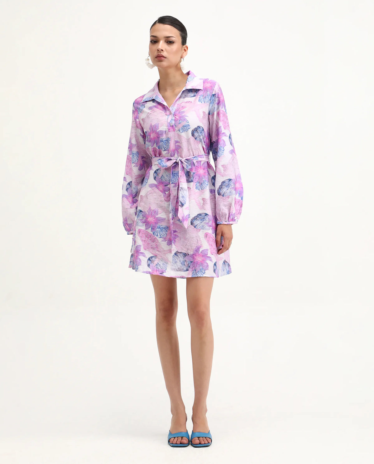 Rareism Women's Prewern Multi Viscose Blend Spread Collar Floral Print Bishop Sleeve Mini A-Line Dress