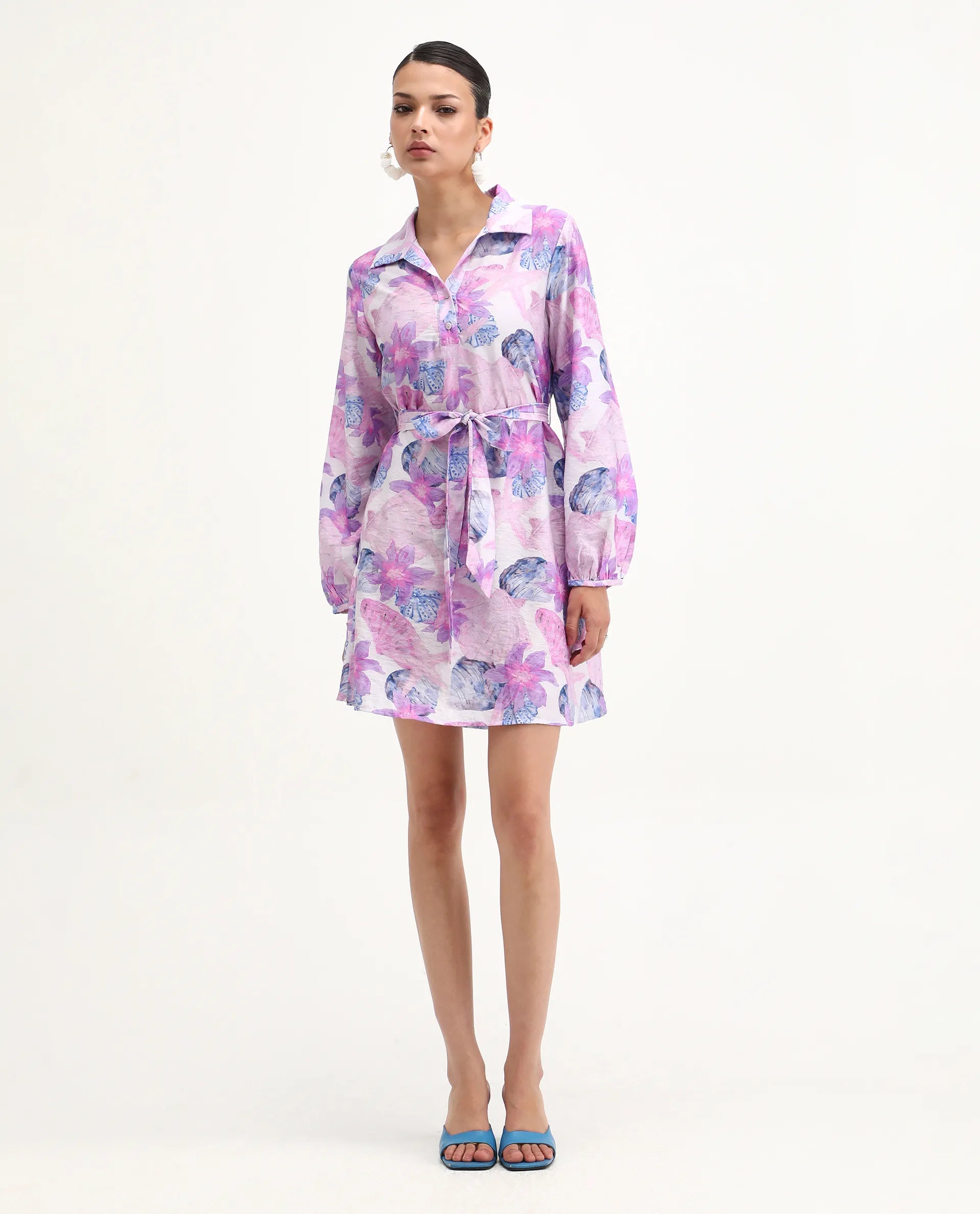 Rareism Women's Prewern Multi Viscose Blend Spread Collar Floral Print Bishop Sleeve Mini A-Line Dress
