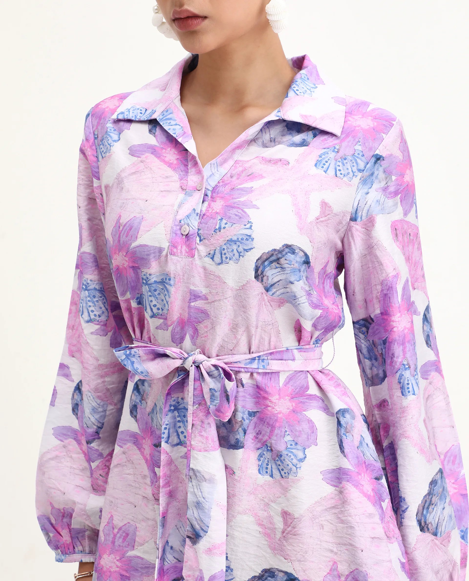 Rareism Women's Prewern Multi Viscose Blend Spread Collar Floral Print Bishop Sleeve Mini A-Line Dress