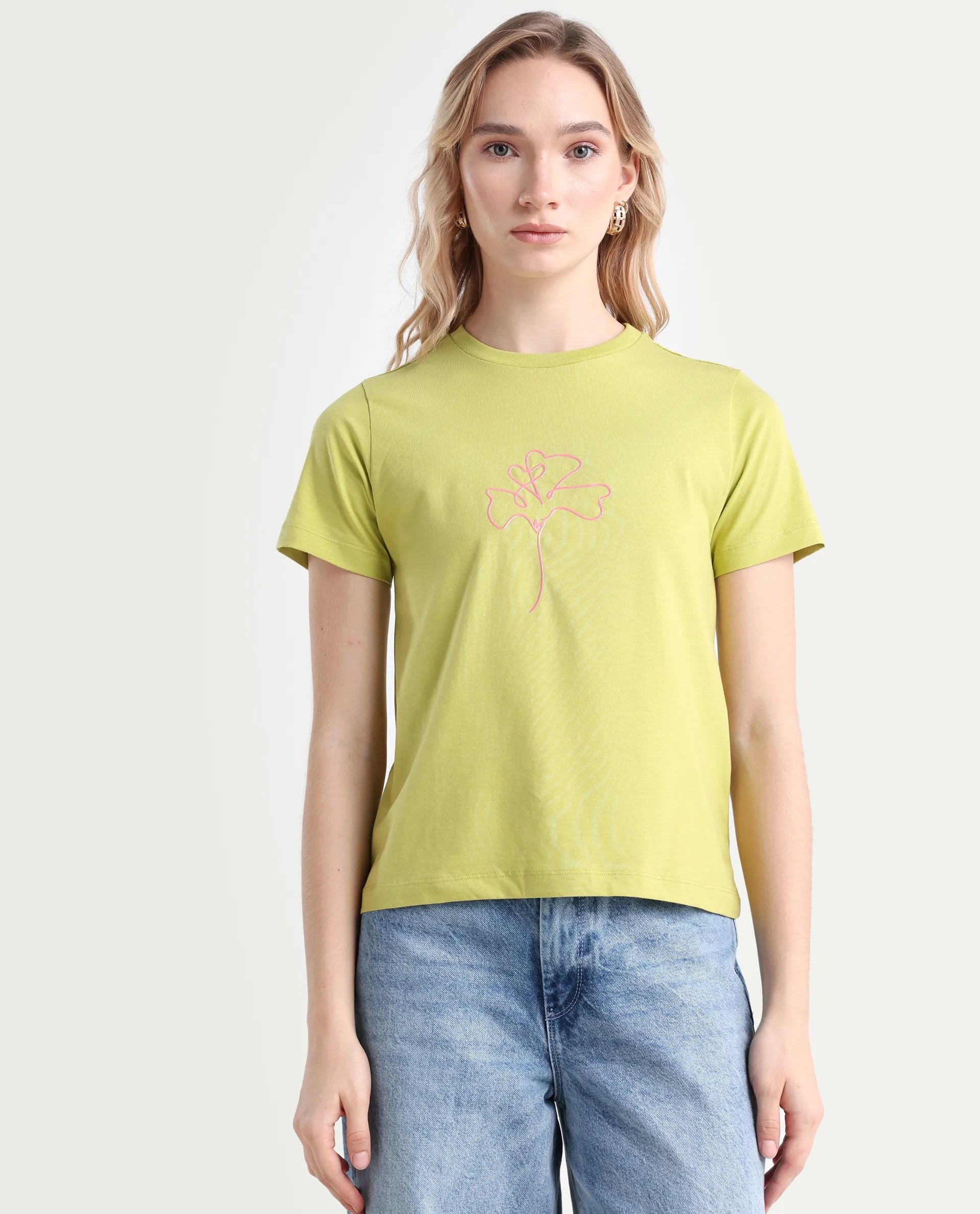 Rareism Women's Prex Light Green Cotton Blend Crew Neck Floral Print Regular Fit T-Shirt