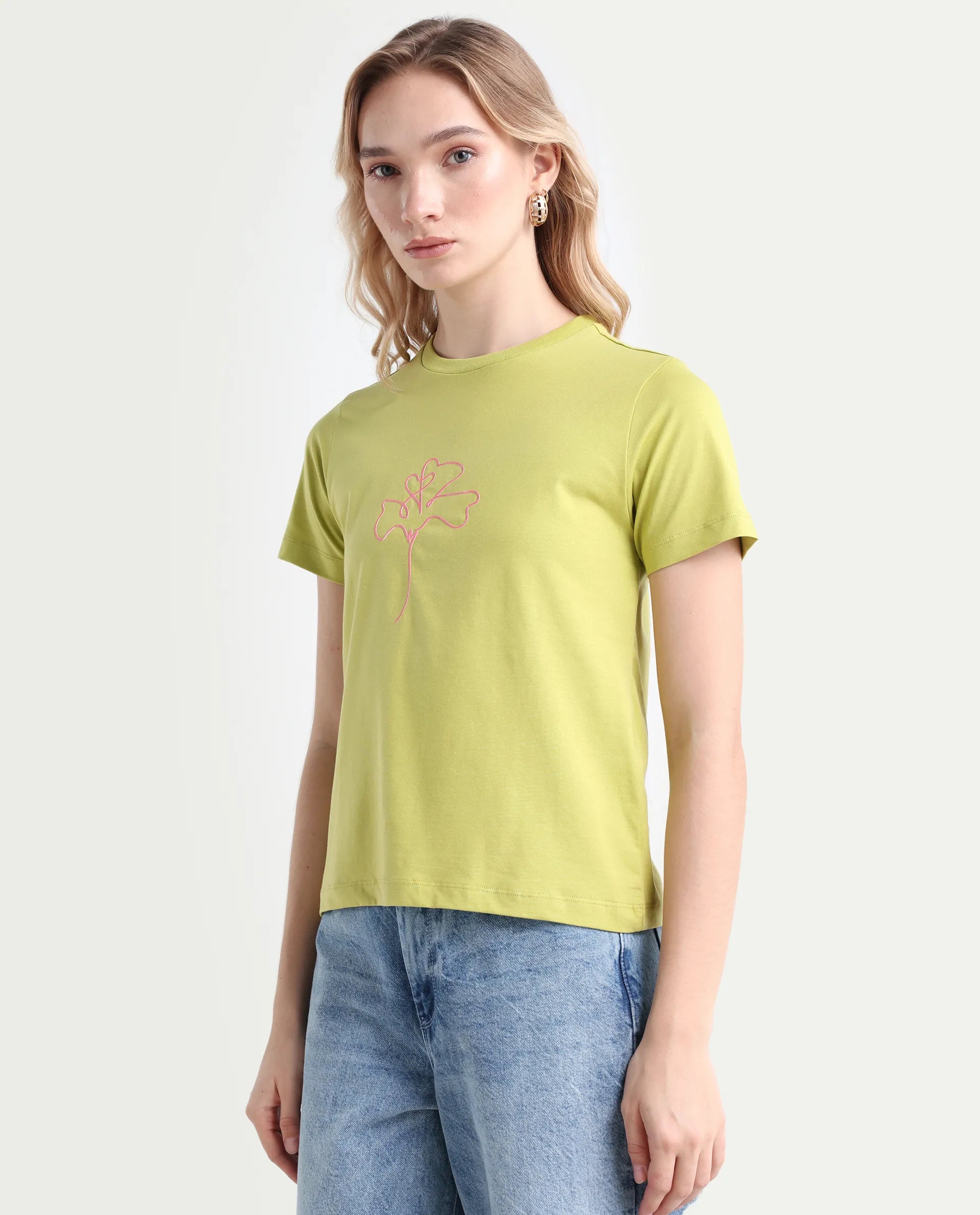 Rareism Women's Prex Light Green Cotton Blend Crew Neck Floral Print Regular Fit T-Shirt