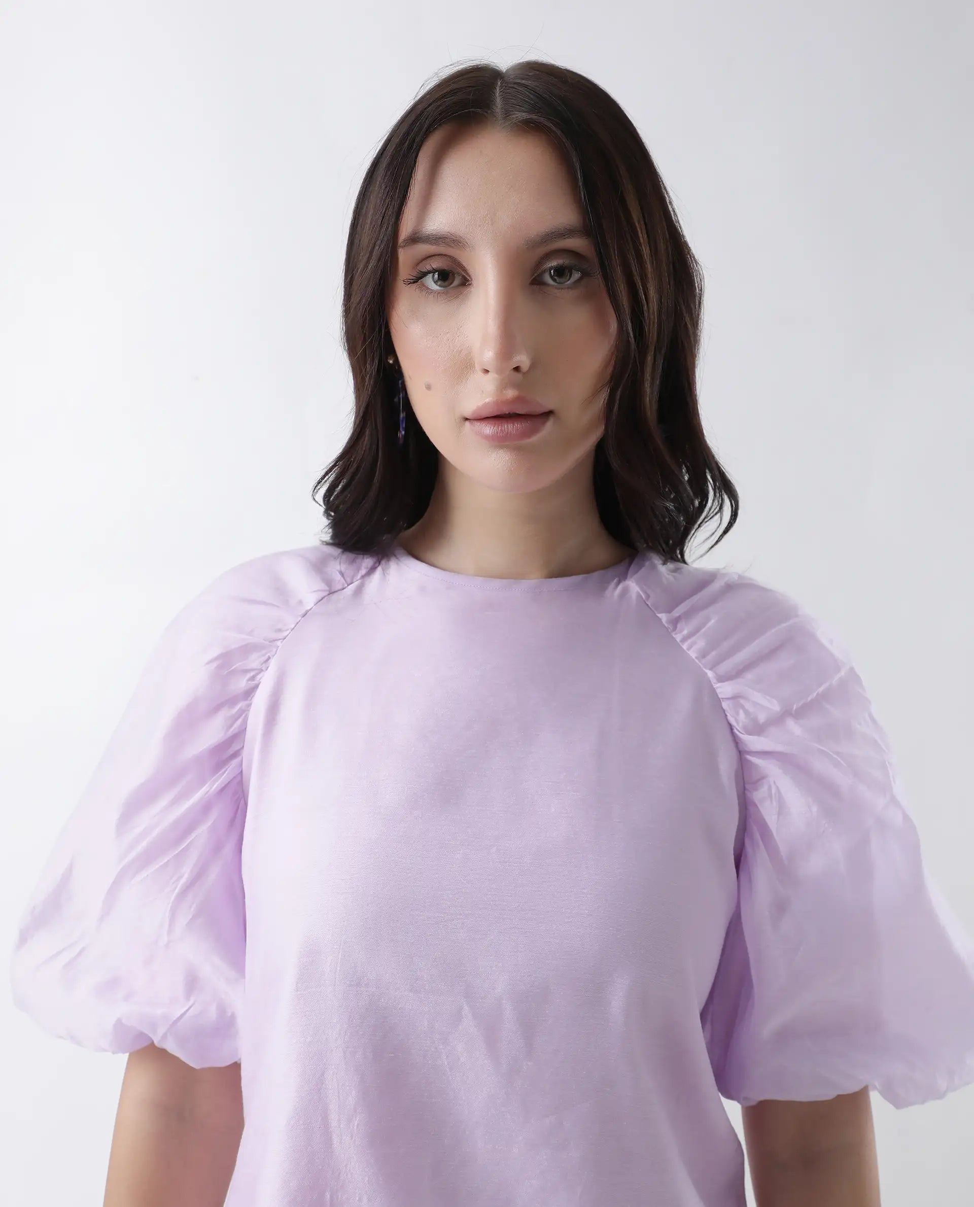 Rareism Women's Prexner Purple Viscose Blend Crew Neck Plain Balloon Sleeve Regular Fit Top