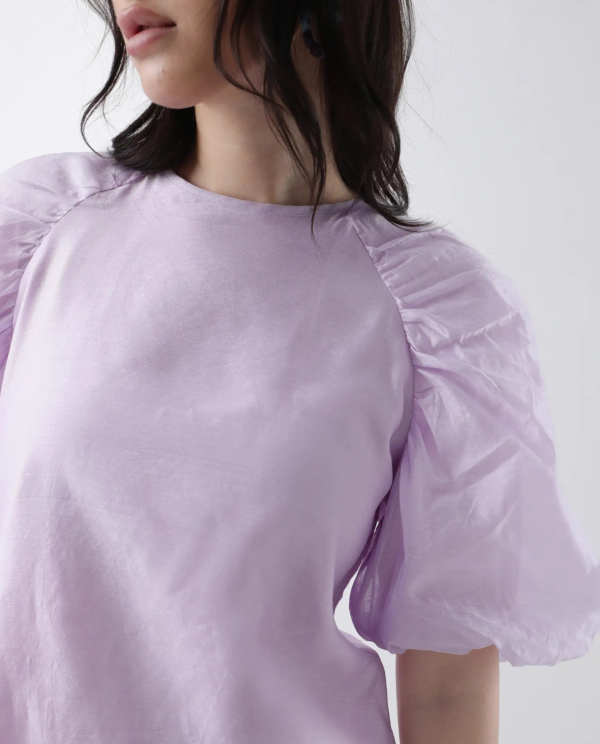 Rareism Women's Prexner Purple Viscose Blend Crew Neck Plain Balloon Sleeve Regular Fit Top