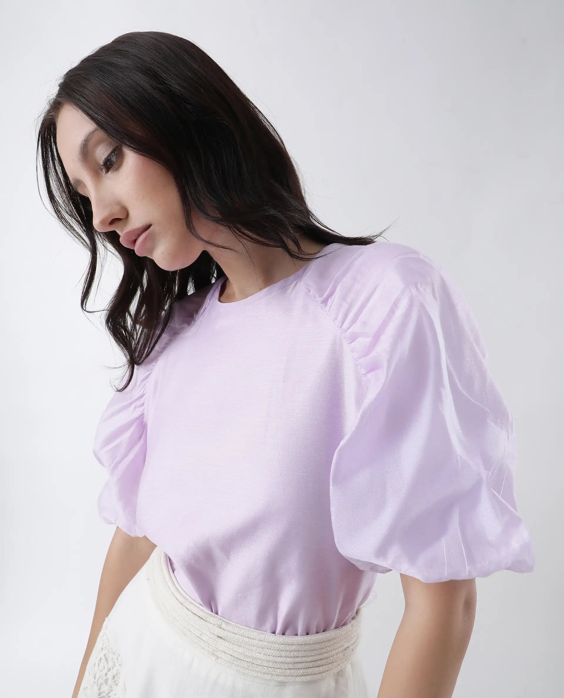 Rareism Women's Prexner Purple Viscose Blend Crew Neck Plain Balloon Sleeve Regular Fit Top