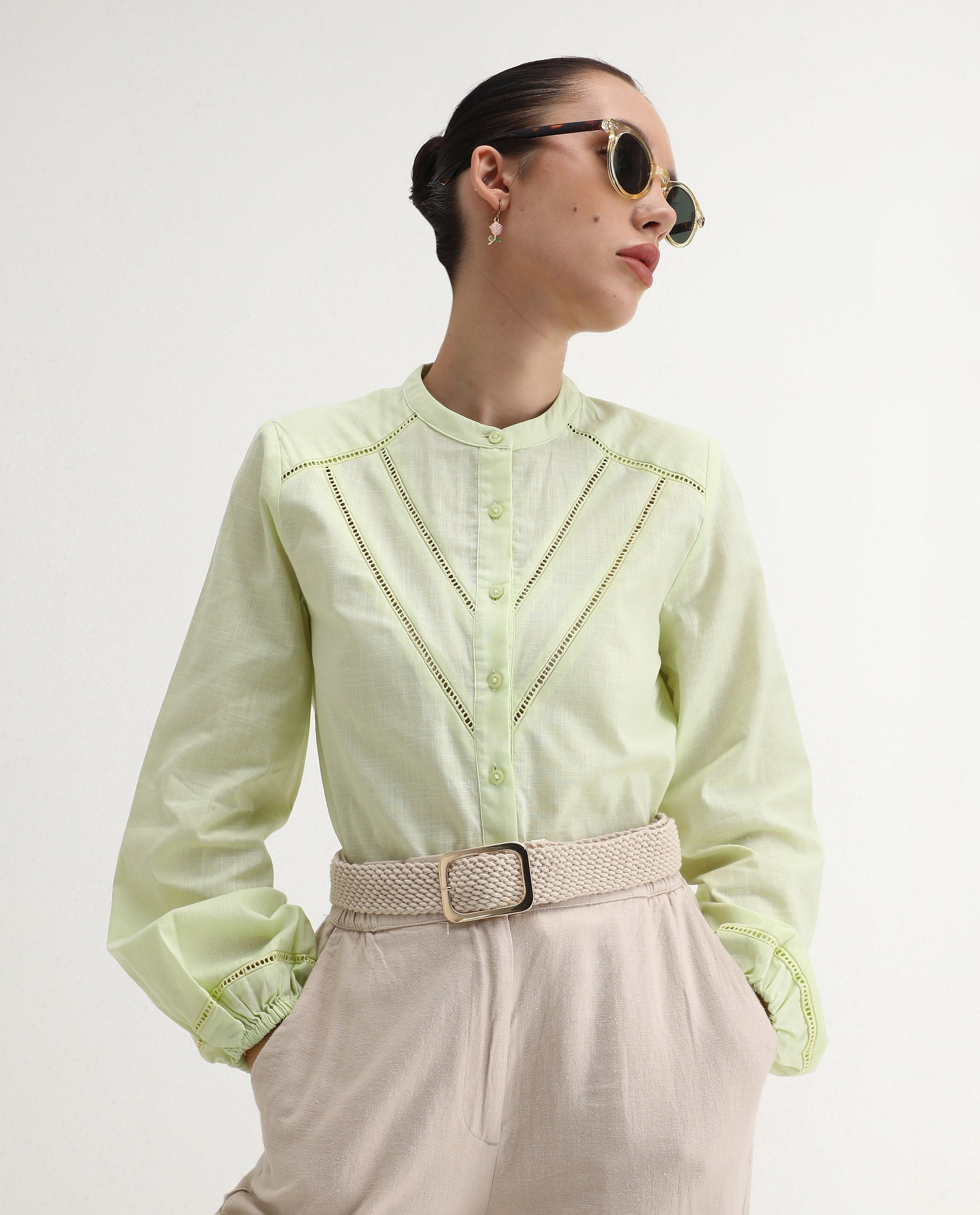 Rareism Women's Preyay Green Cotton Ruffled Neck Plain Bishop Sleeve Regular Fit Shirt