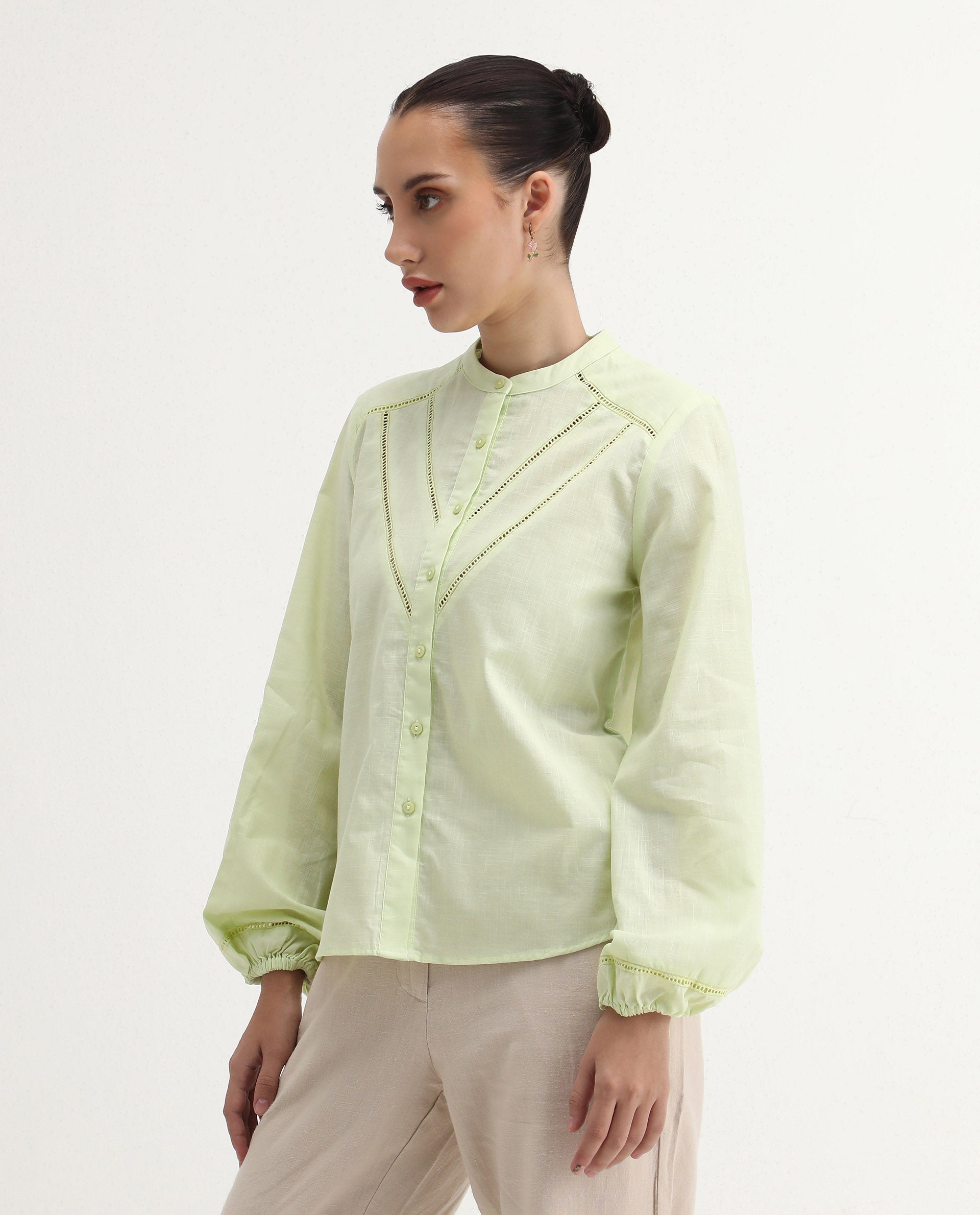 Rareism Women's Preyay Green Cotton Ruffled Neck Plain Bishop Sleeve Regular Fit Shirt