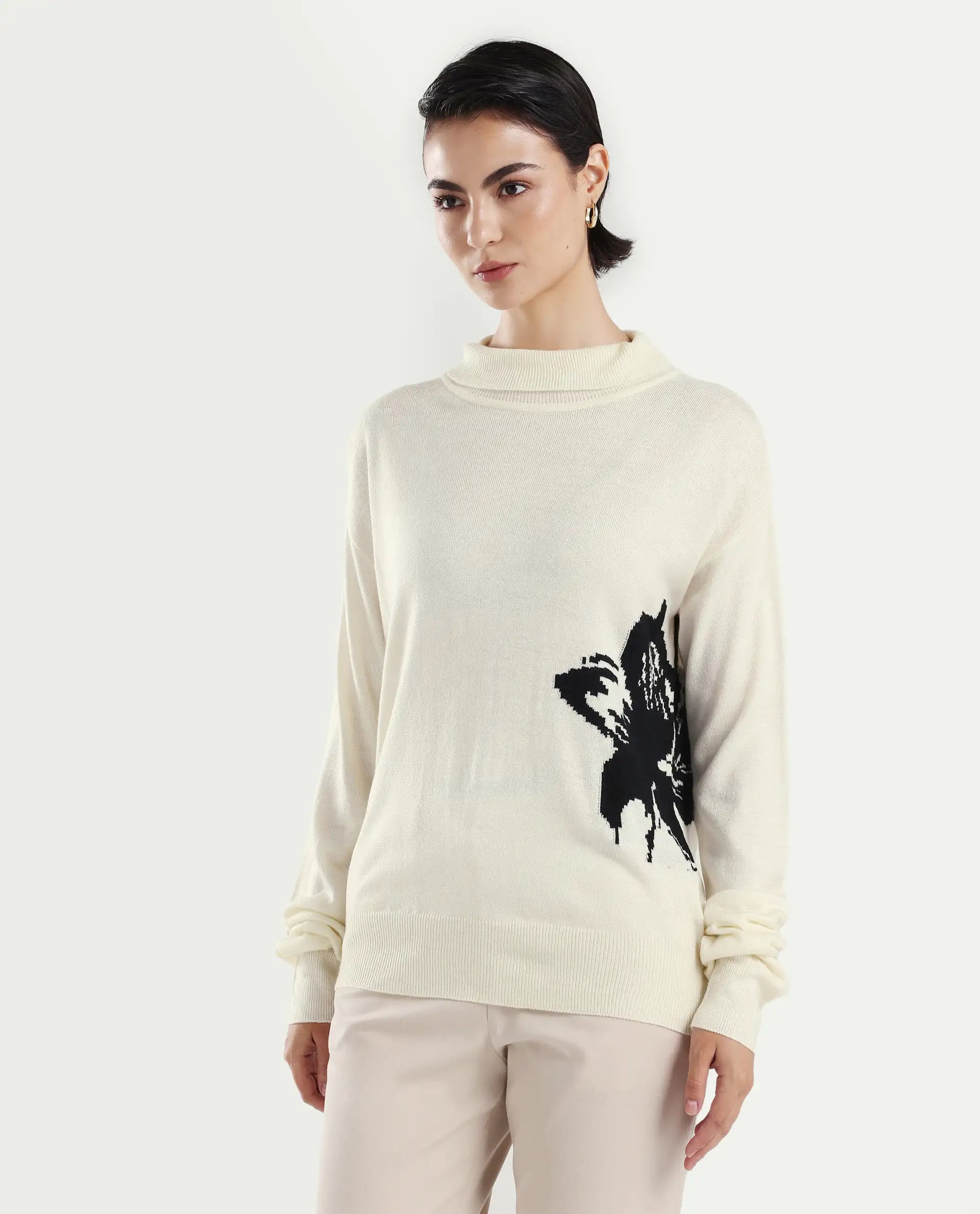 Rareism Women's Priana Off White Acrylic Turtle Neck Floral Print Relaxed Fit Sweater