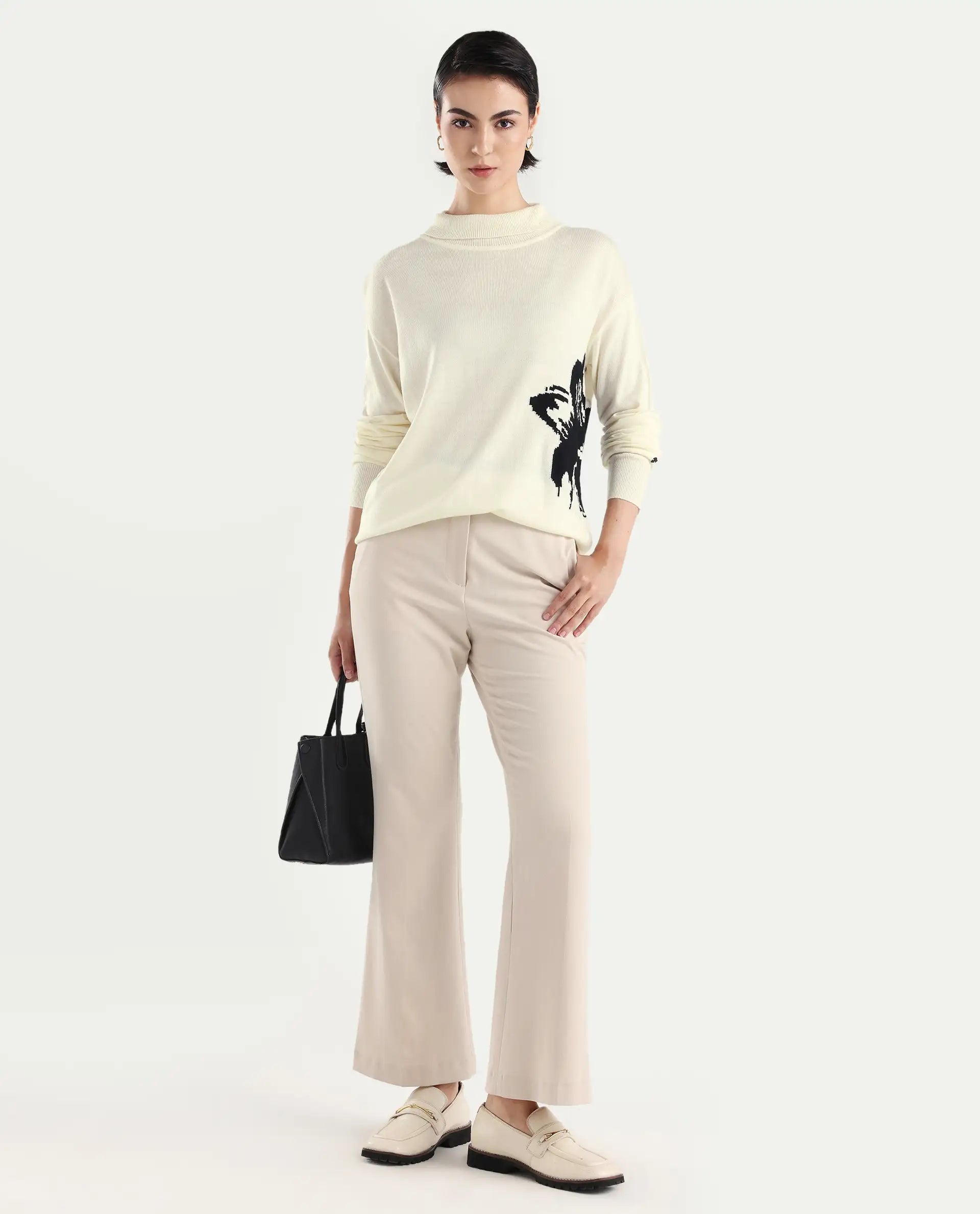 Rareism Women's Priana Off White Acrylic Turtle Neck Floral Print Relaxed Fit Sweater