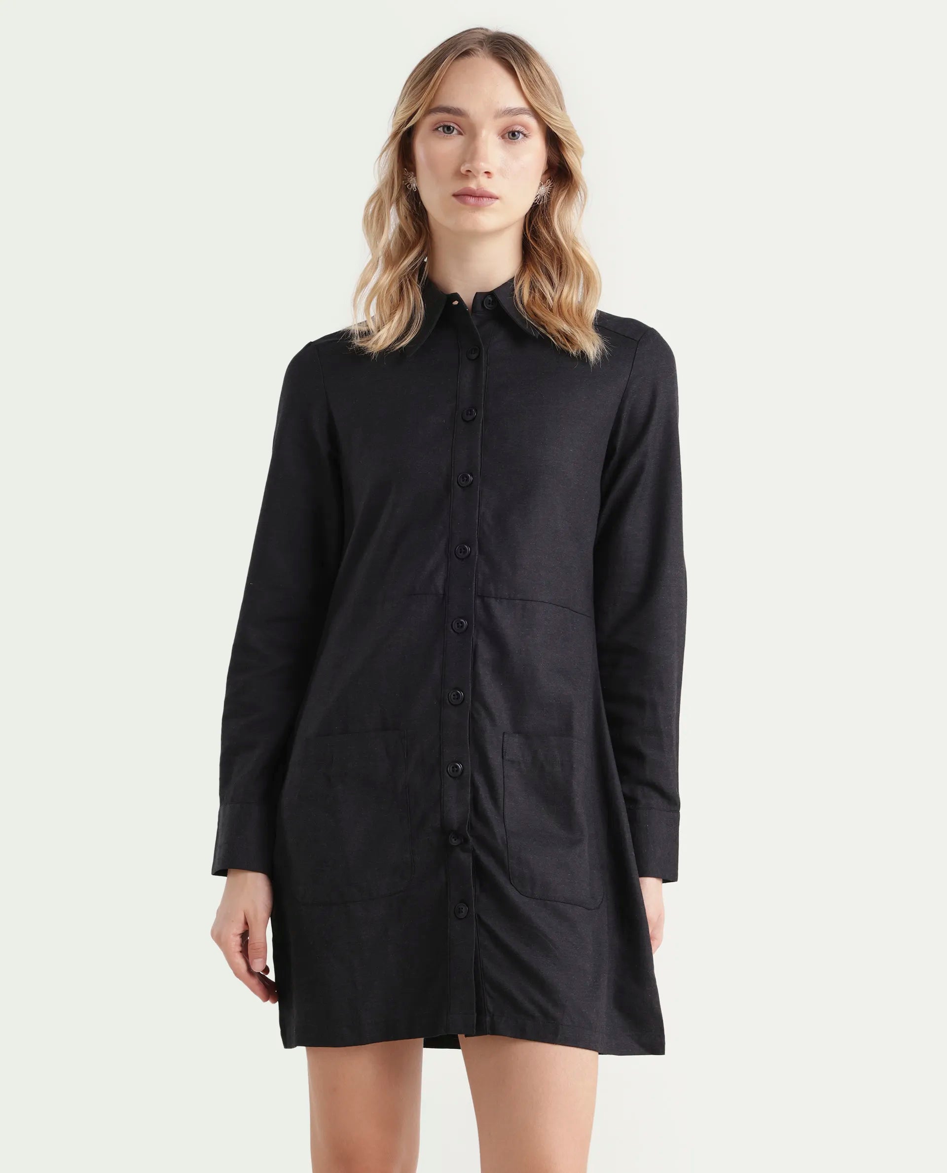 Rareism Women's Pricot Black Polyester Spread Collar Plain Cuffed Sleeve Mini Regular Fit Dress