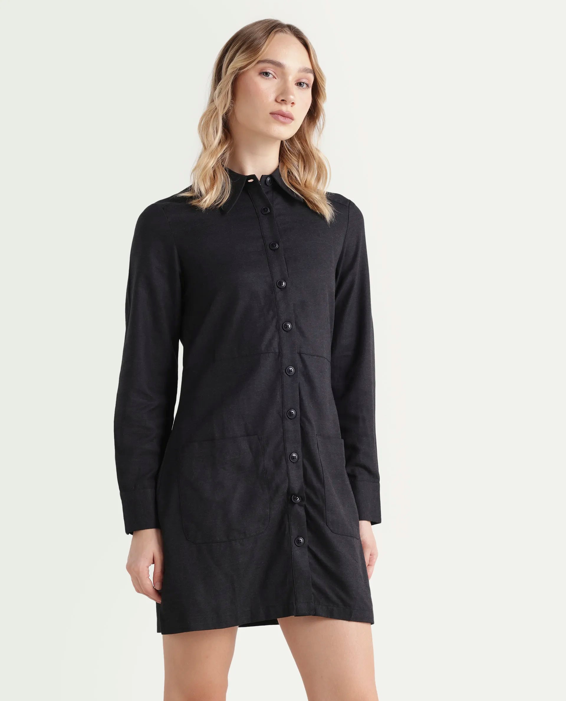 Rareism Women's Pricot Black Polyester Spread Collar Plain Cuffed Sleeve Mini Regular Fit Dress