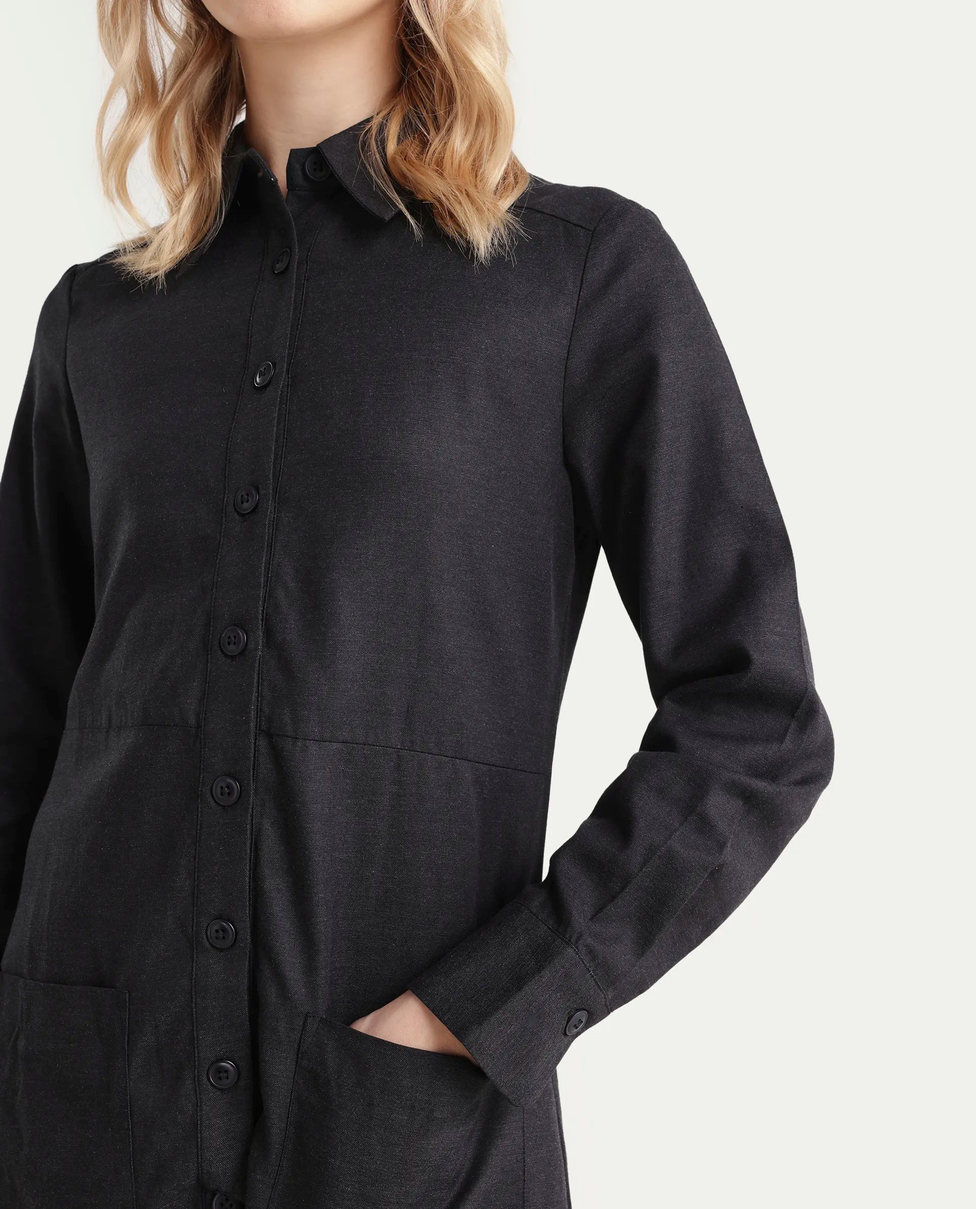 Rareism Women's Pricot Black Polyester Spread Collar Plain Cuffed Sleeve Mini Regular Fit Dress