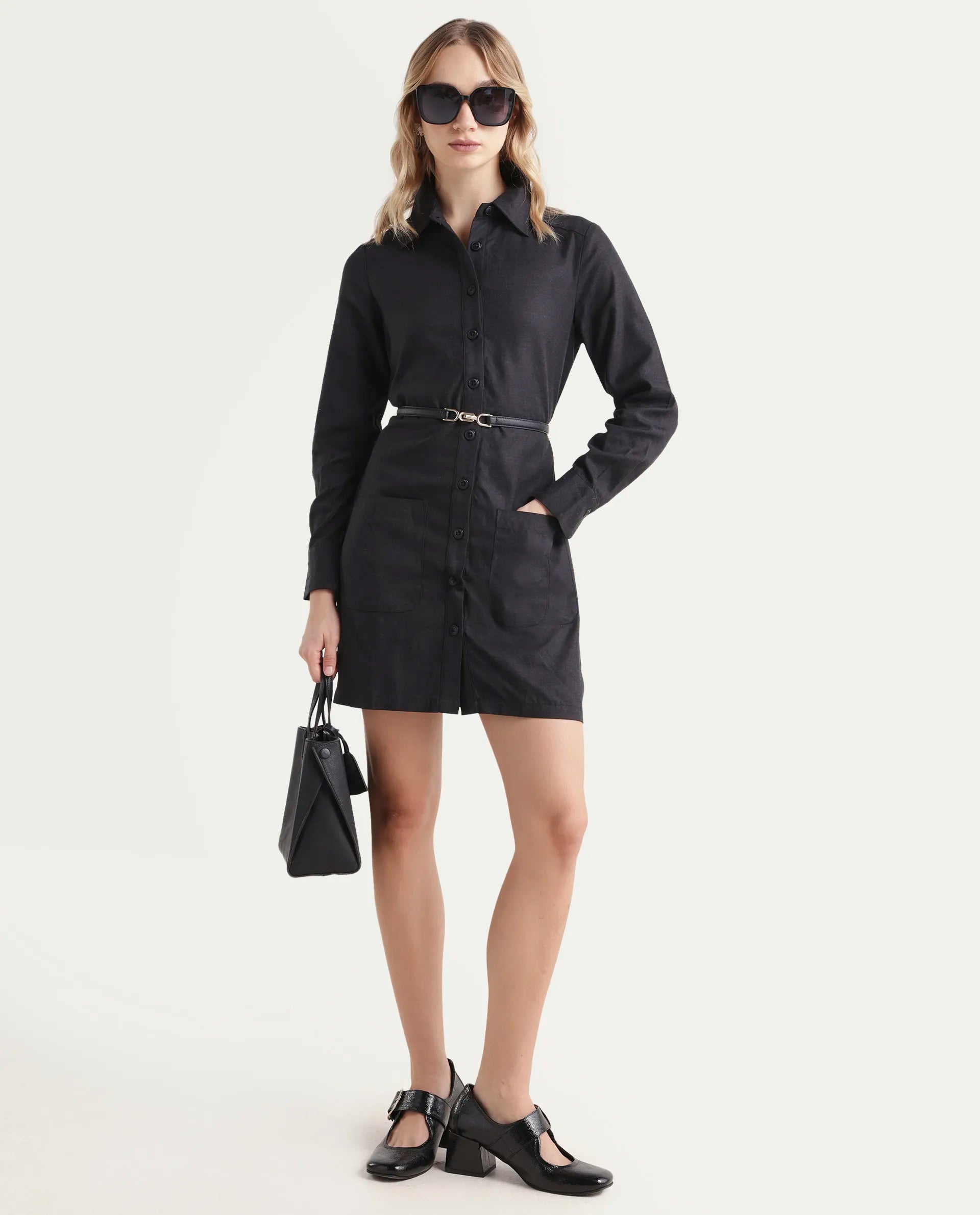 Rareism Women's Pricot Black Polyester Spread Collar Plain Cuffed Sleeve Mini Regular Fit Dress