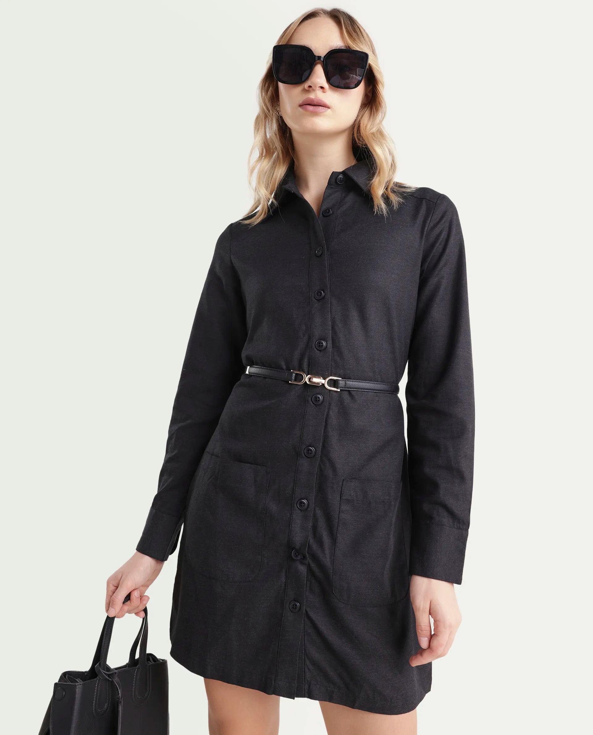 Rareism Women's Pricot Black Polyester Spread Collar Plain Cuffed Sleeve Mini Regular Fit Dress