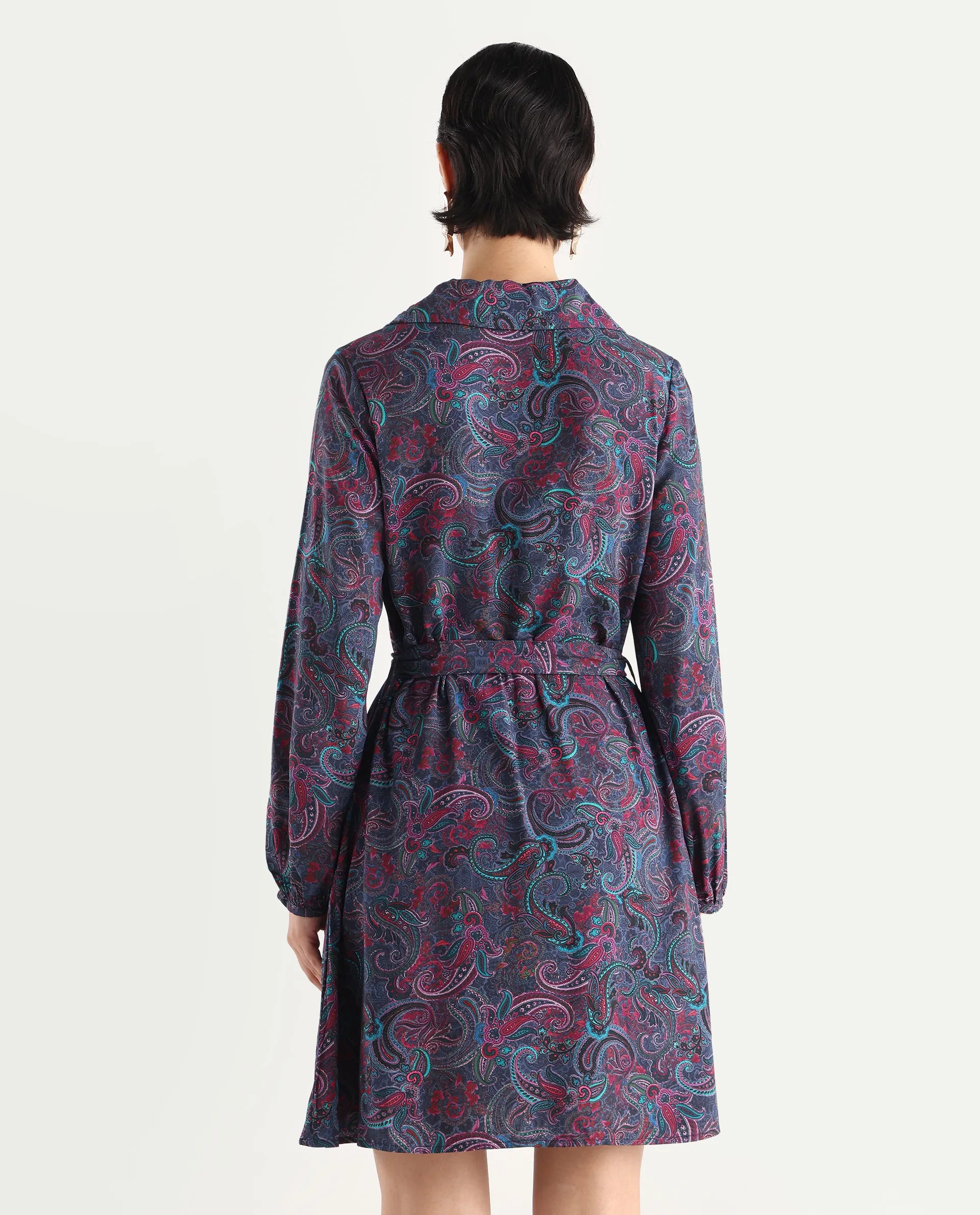 Rareism Women's Pronat Multi Viscose Drop Collar Paisley Print Bishop Sleeve Mini Fit And Flare Dress