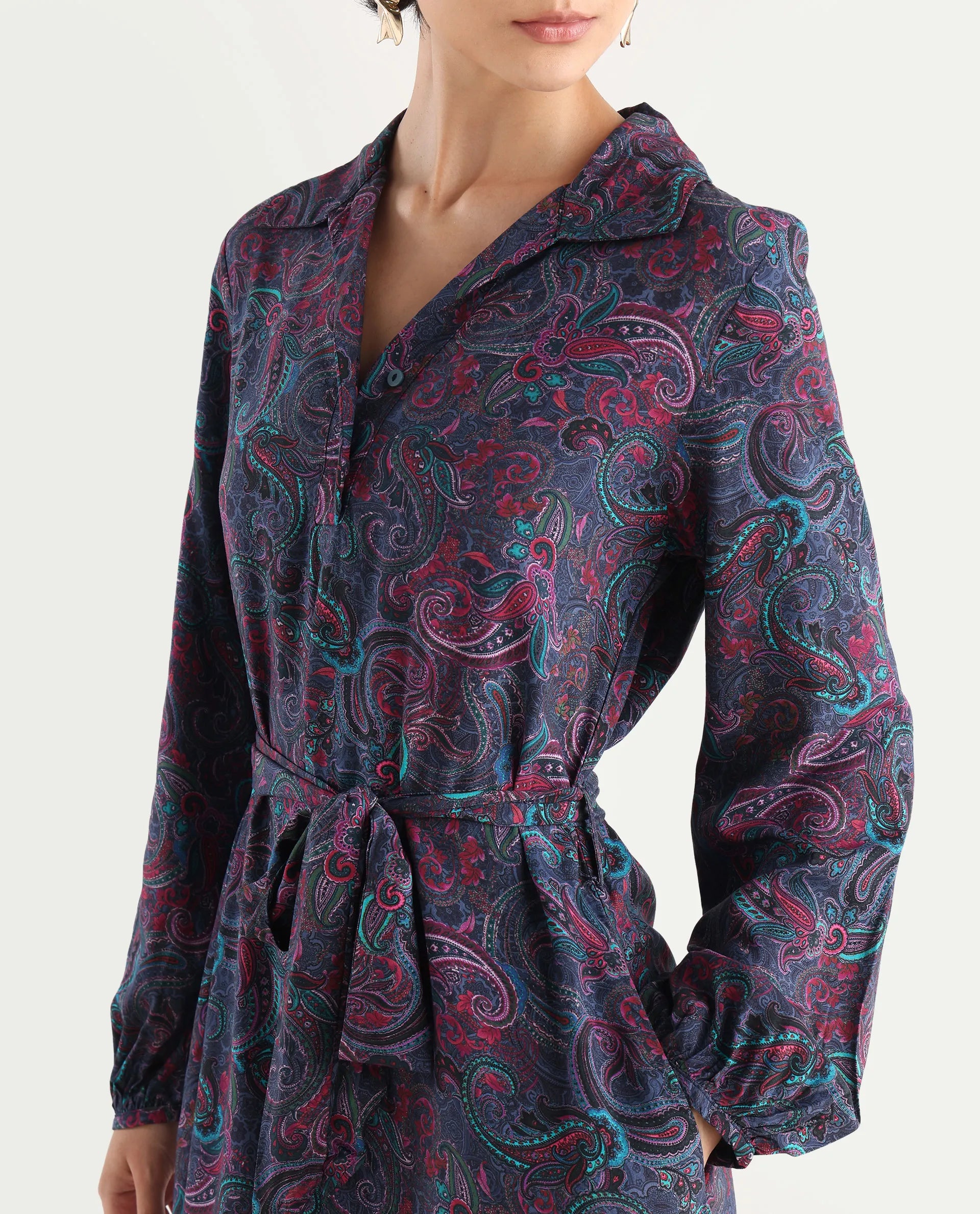 Rareism Women's Pronat Multi Viscose Drop Collar Paisley Print Bishop Sleeve Mini Fit And Flare Dress