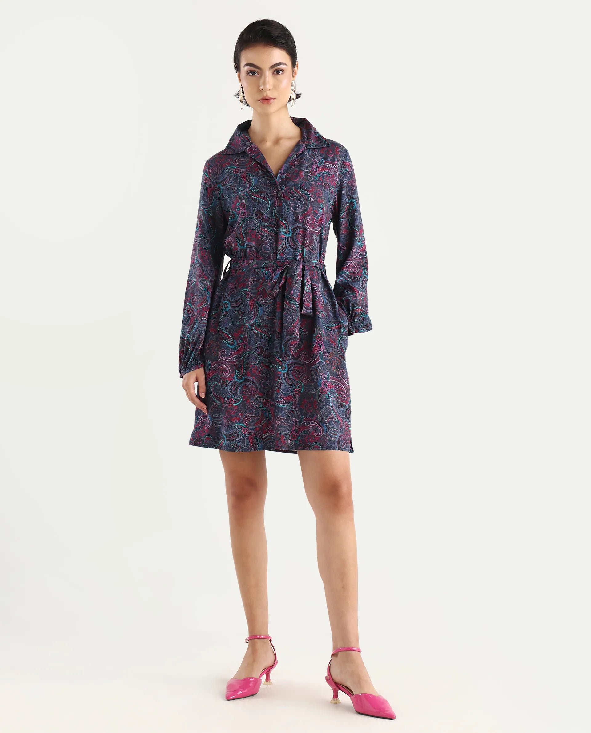 Rareism Women's Pronat Multi Viscose Drop Collar Paisley Print Bishop Sleeve Mini Fit And Flare Dress