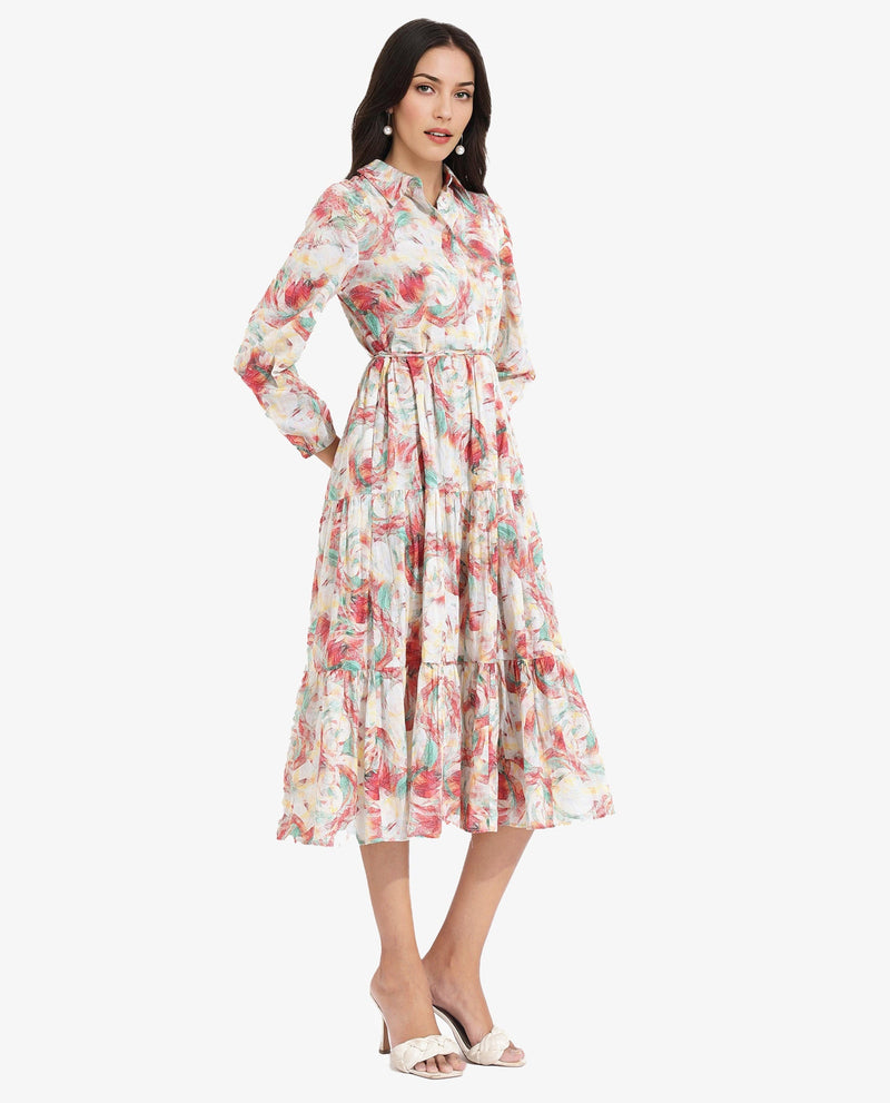 Rareism Women Puebla Multi Bishop Sleeve Collared Neck  Fit And Flare Midi Abstract Print Dress