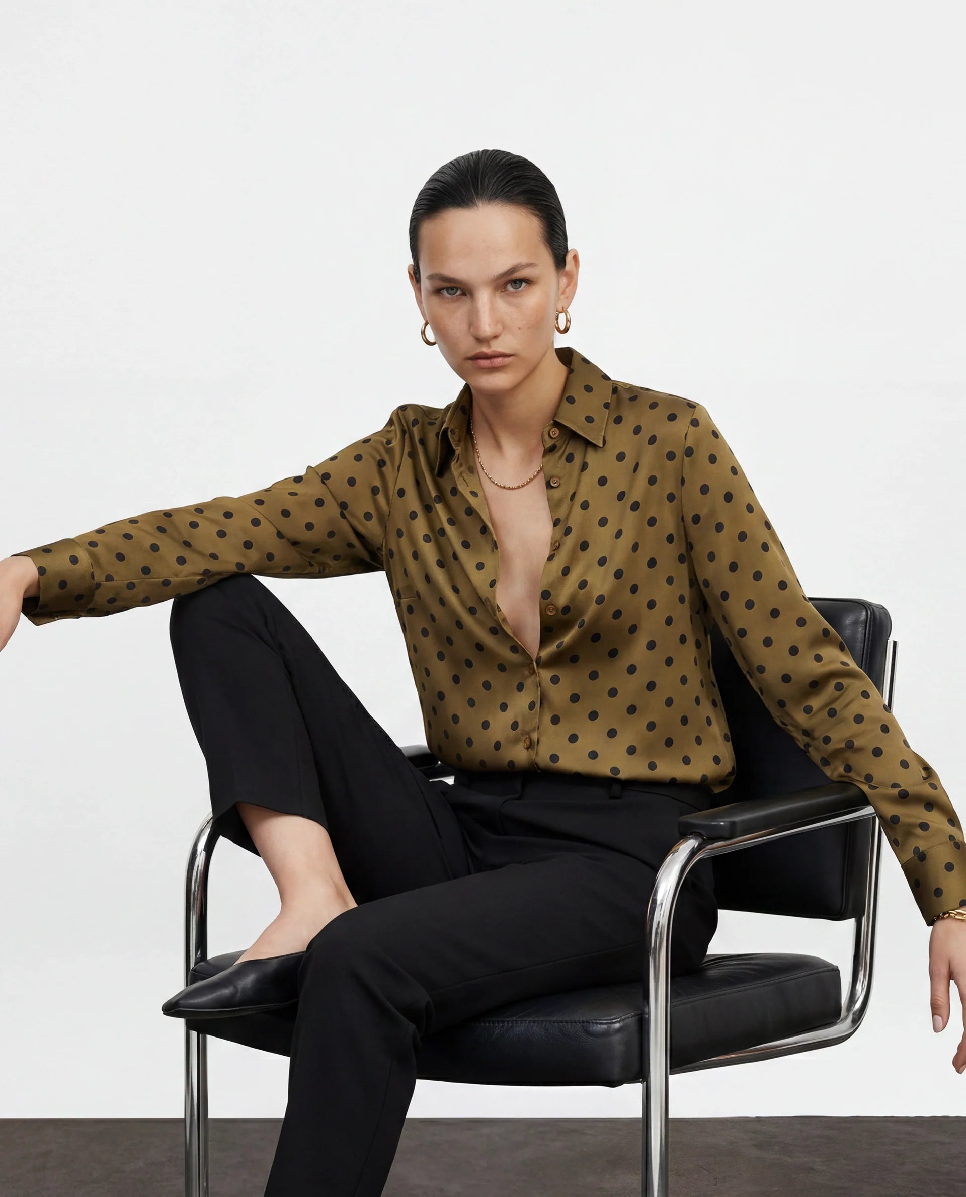 Rareism Women's Polro Olive Polyester Spread Collar Button Relaxed Polka Print Shirt